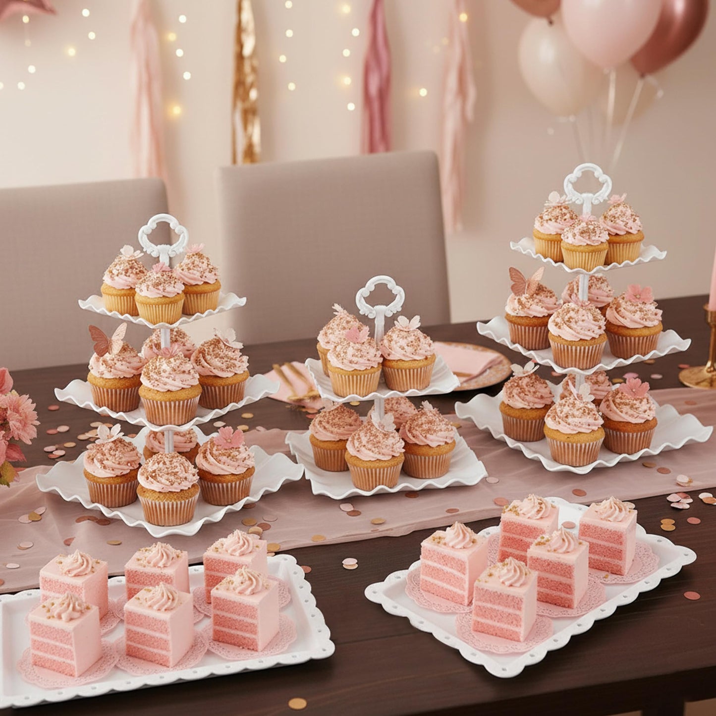 NWK 5 Piece Cake Stand Set with 2 x 3-Tier Cupcake Stands, 1 x2-Tier Cupcake Stands, 2 x Appetizer Trays, for Wedding Birthday Baby Shower Tea Party Decorations (White)