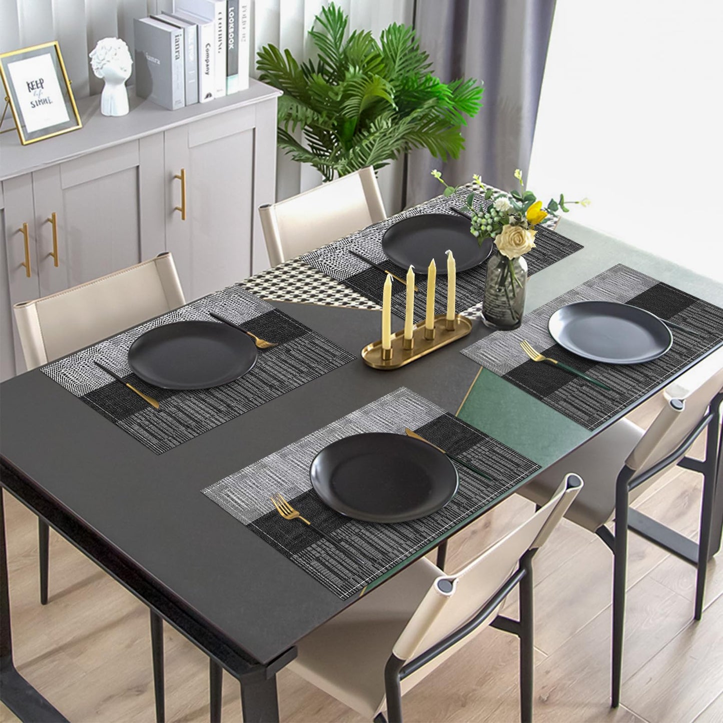 Niviy Black Placemats Set of 4, 12x18 Inch Washable Easy to Clean Heat-Resistant Anti-Skid Indoor Outdoor Table Mats for Holiday Party Kitchen Dining Room Decoration