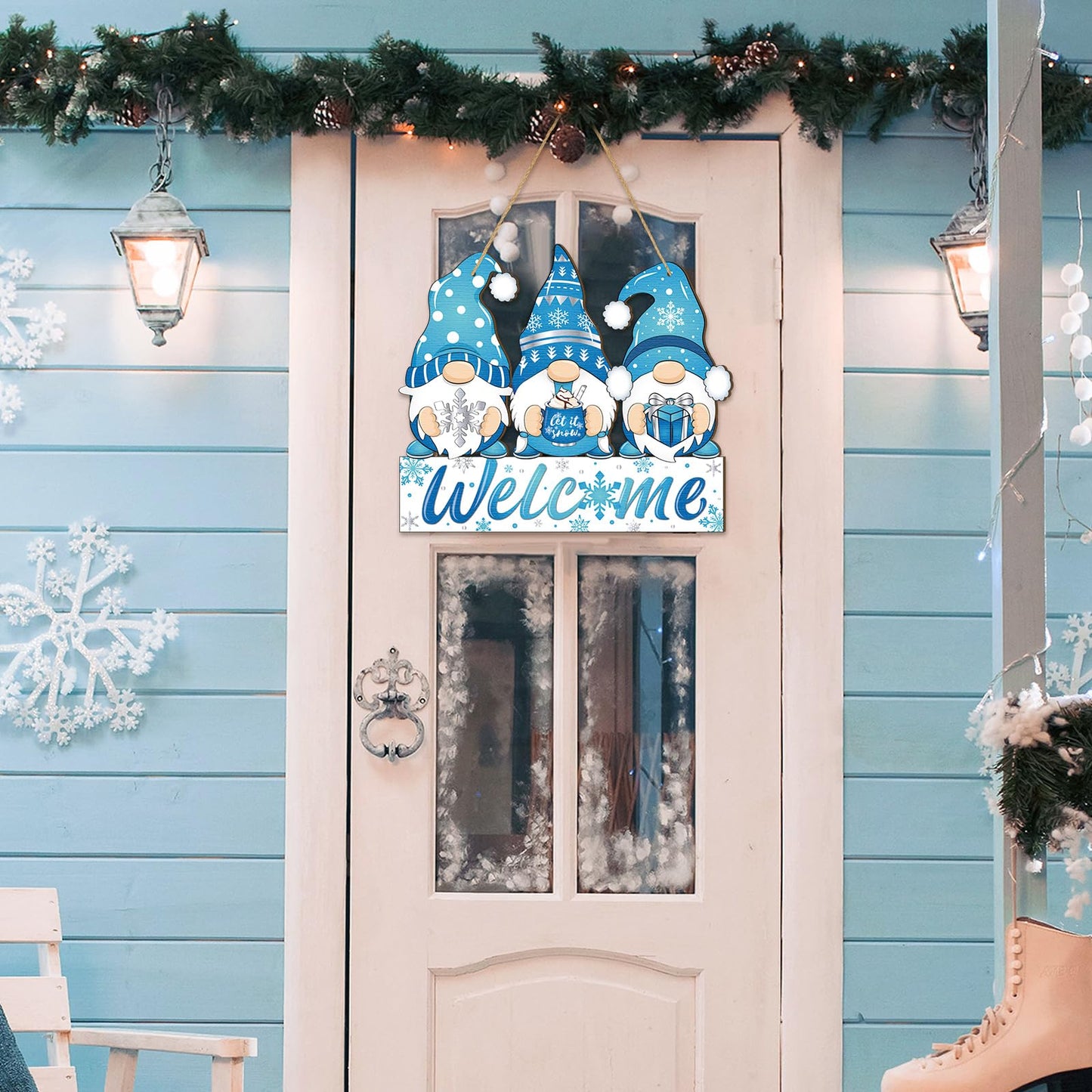 Panelee Winter Welcome Door Sign Gnome Hanging Decoration Let It Snow Wooden Gnome Sign Blue Snowflake Door Hanger with Rope Hanging Decoration for Front Porch Home Winter