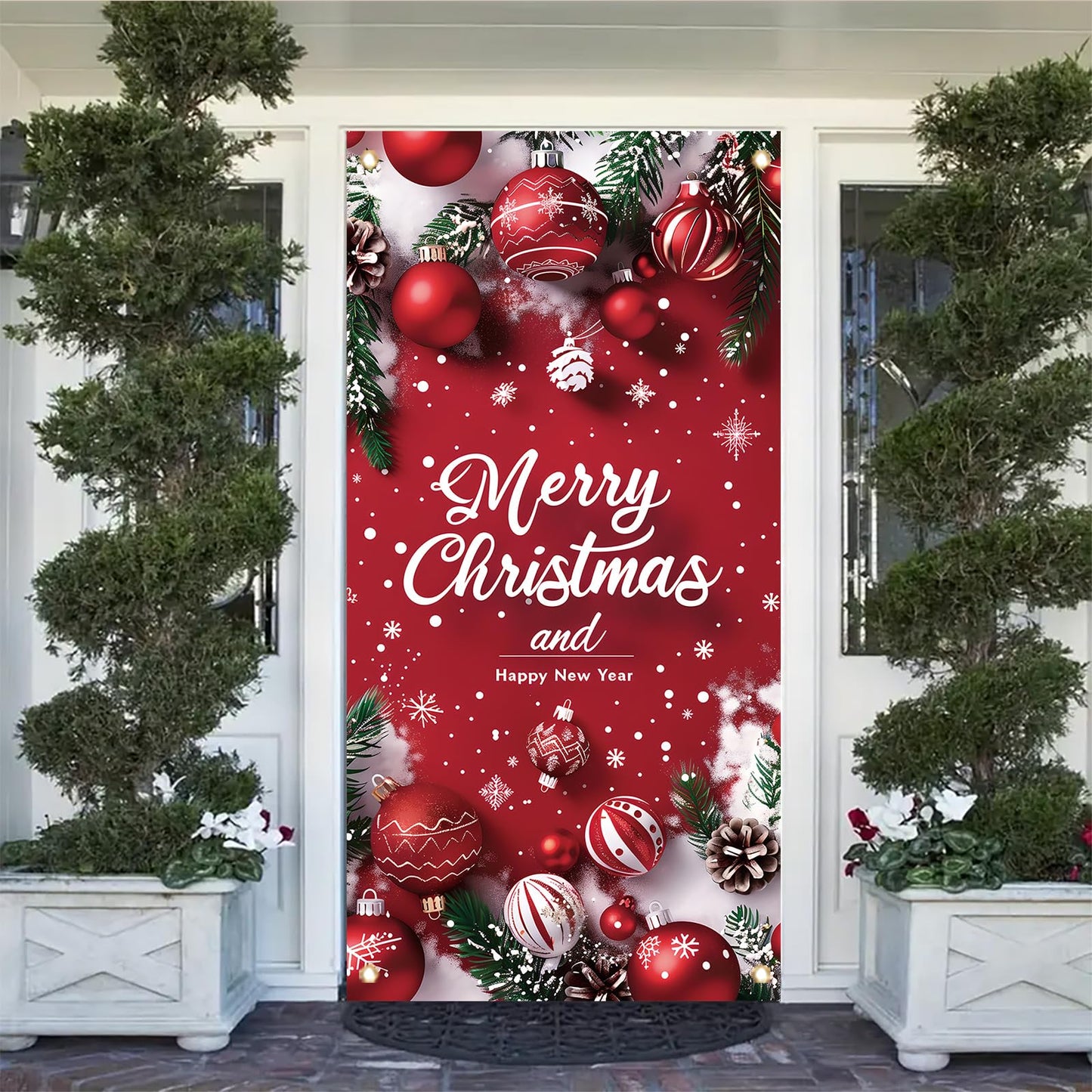 Saoplasa Merry Christmas Door Banner Happy New Year 35x71 Inch Red Christmas Front Door Cover with Snowflakes and Lettering for Xmas Winter Seasonal Holiday Party Porch Wall Hanging New Year Entryway Decoration