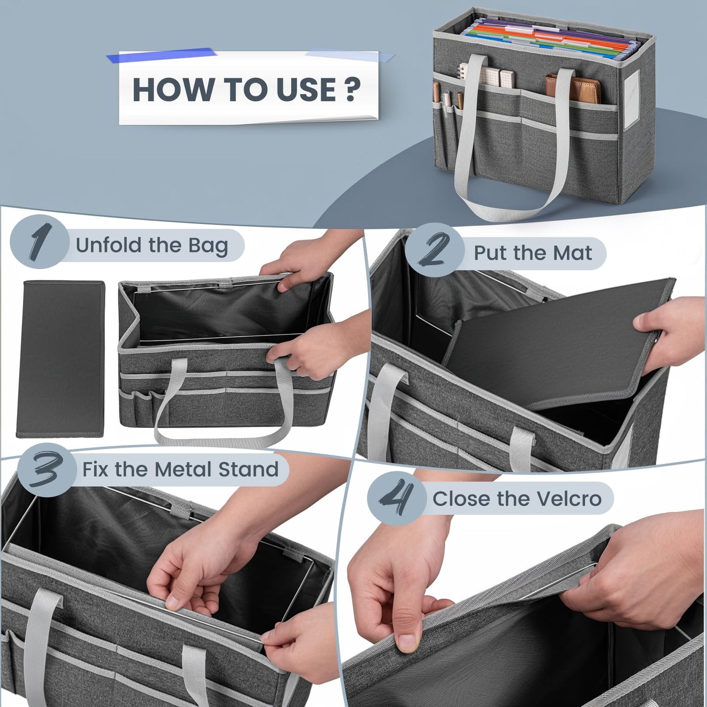 UNICITII File Organizer Box, Portable Tote Bag Hanging Filing Box Desktop File Folder Document Storage Organizer with Pockets and Handles