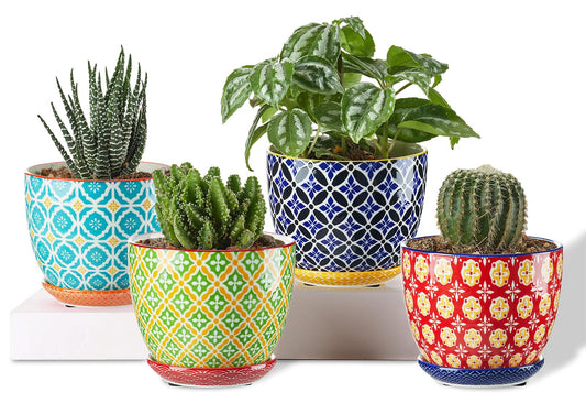 Metahom Succulent Ceramic Pots, 3.8 Inch Small Plant Pots with Drainage Hole & Saucer, Flower Planter Pot for Houseplants, Cacti, Home Decor, Set of 4, Vibrant Colors