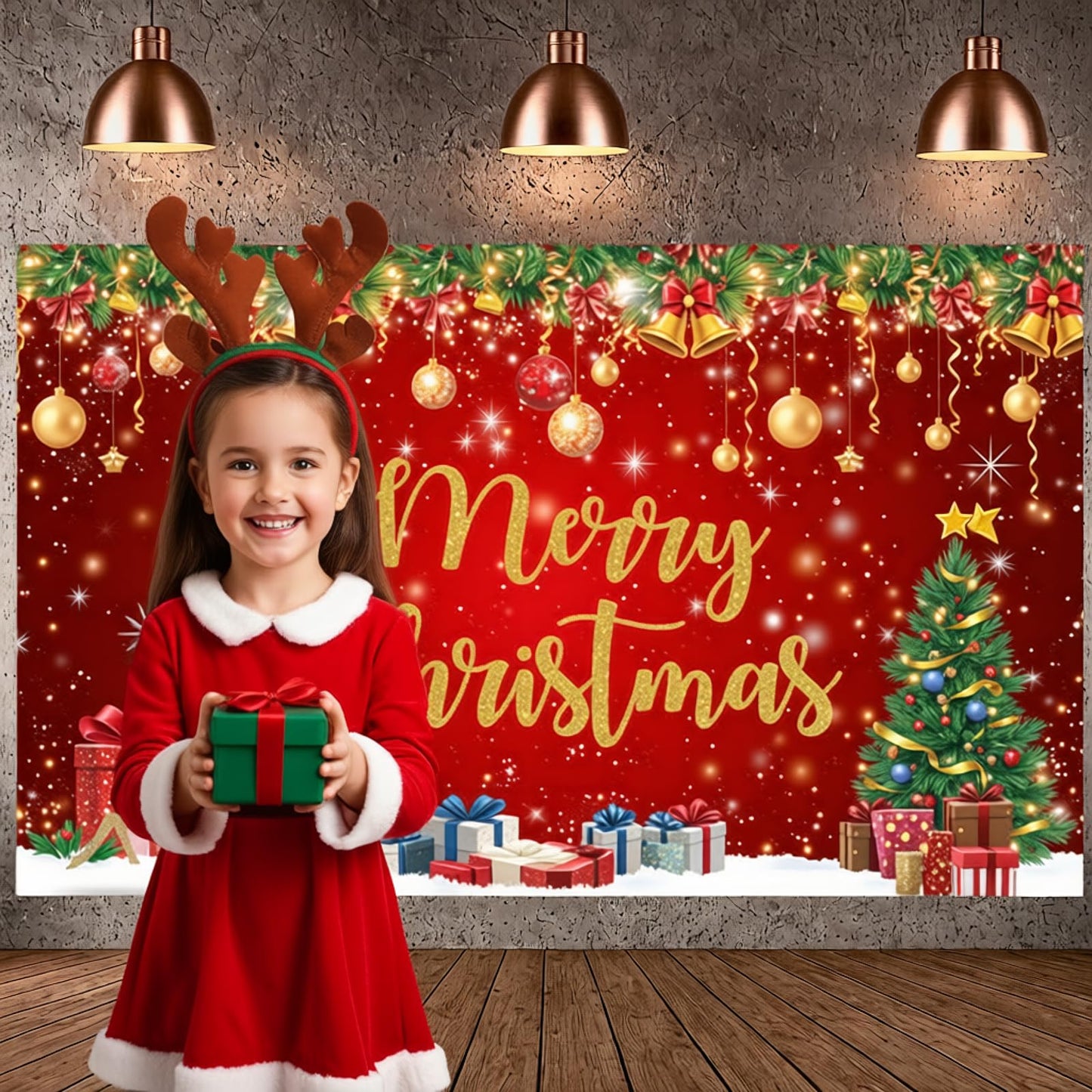 Red Gold Merry Christmas Banner Festive Party Backdrop Xmas Decorations for Home Office Christmas Eve Holiday Celebration
