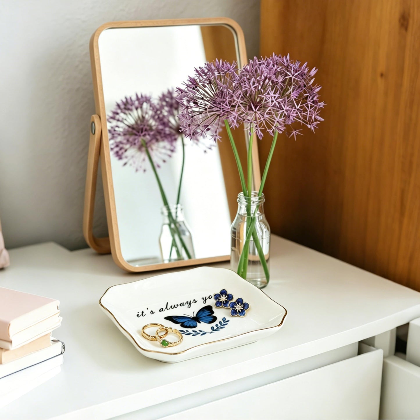 Ceramic Jewelry Tray, Decorative Blue Butterfly Trinket Dish for Rings Earrings Necklaces Bracelet Watch Keys, "It's Always You" Jewelry Dish Birthday Mother's Day Christmas Romantic Gift for Women