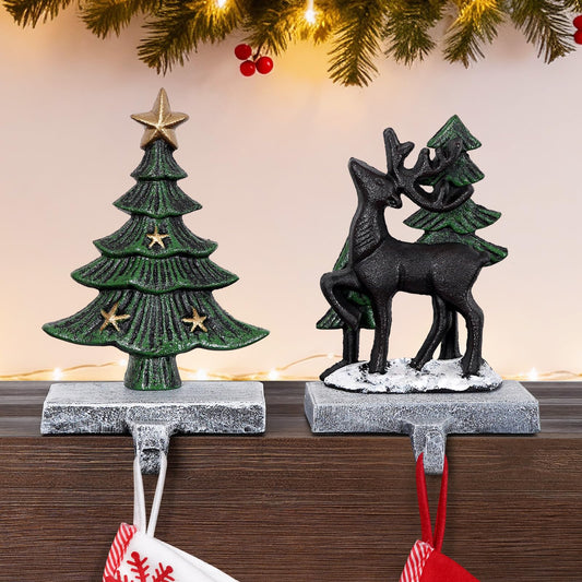 INNO STAGE Christmas Stocking Holders for Mantle Set of 2, Heavy Duty Cast lron Stocking Holder with Non-Slip Base, Xmas Tree Reindeer Stocking Hooks, Stocking Hangers for Fireplace Table Decor
