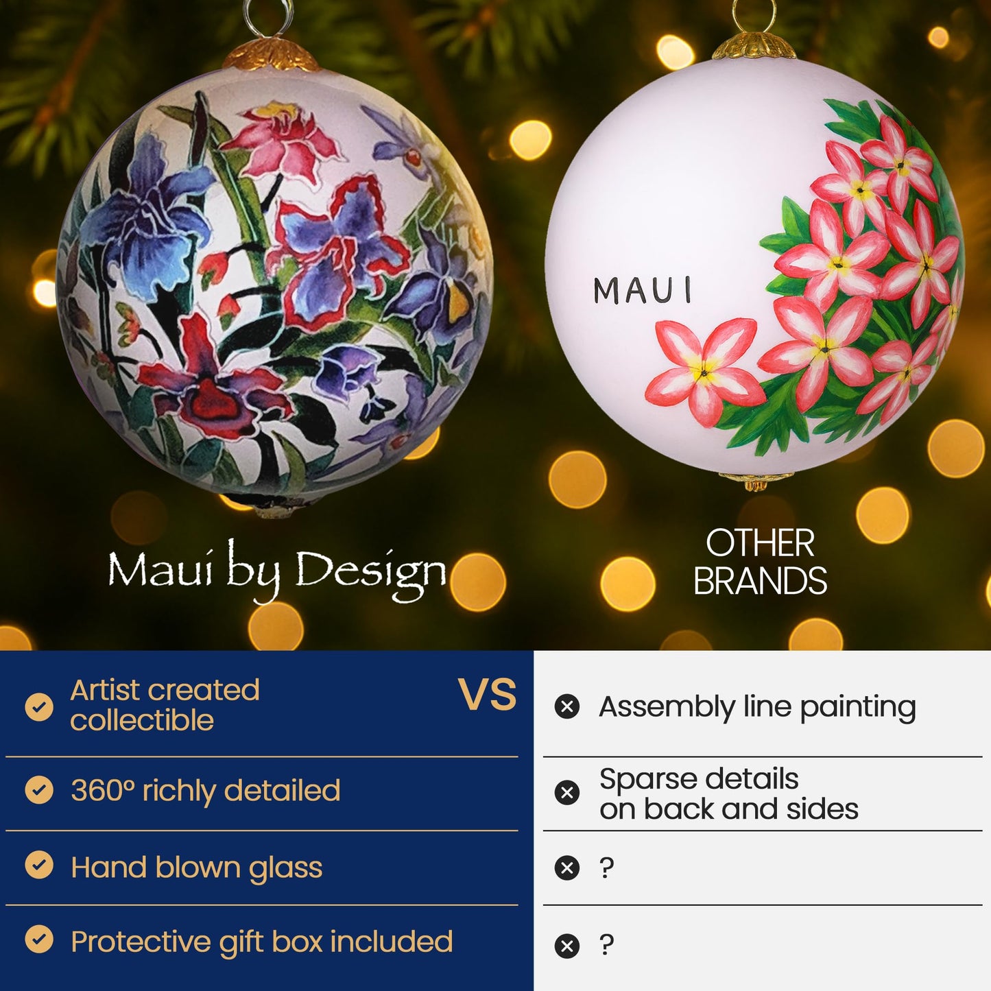 Collectible Hawaiian Orchids Ornament Hand-Painted Glass with Protective Gift Box POR/M