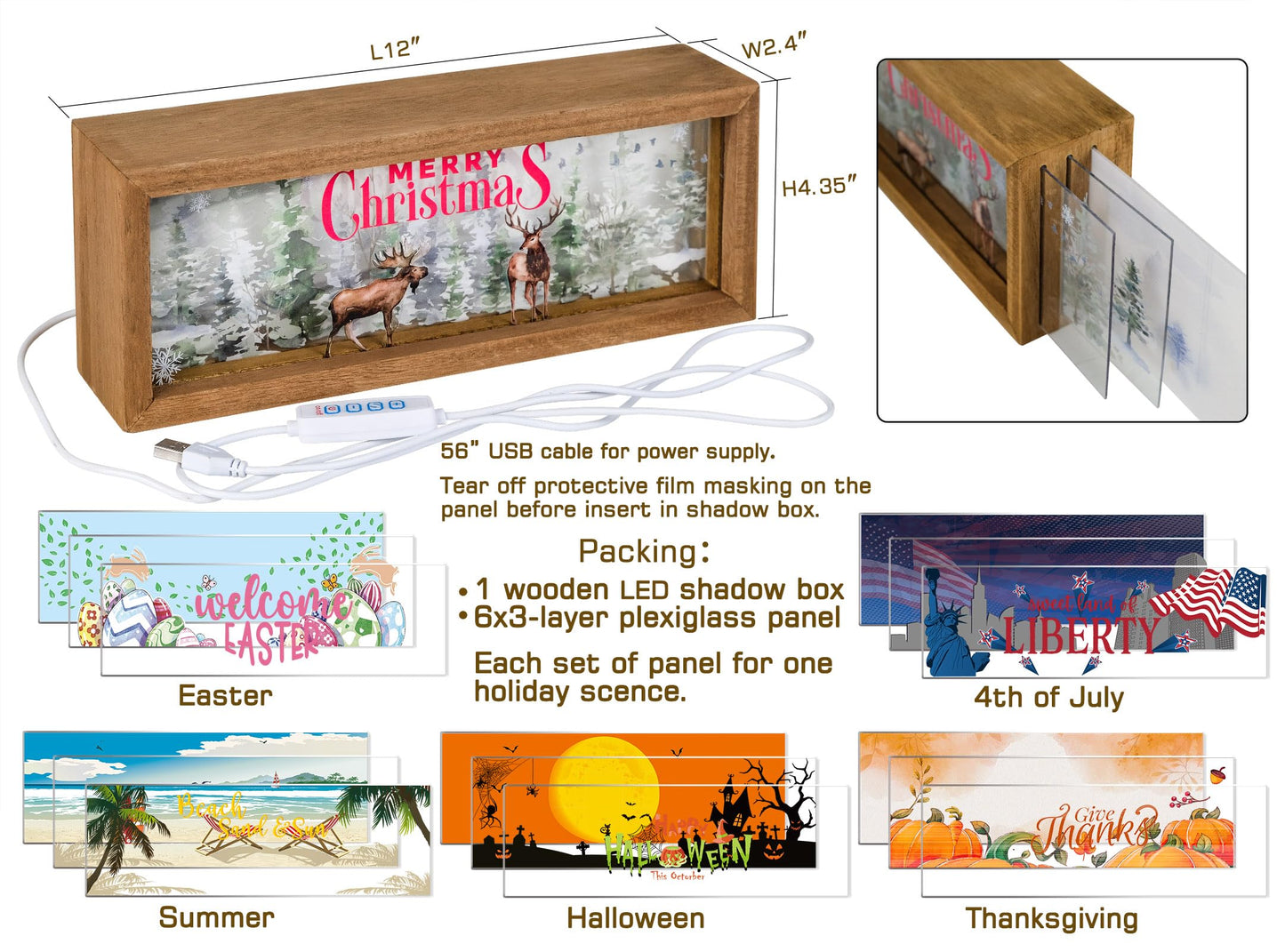 SAILINGSTORY Interchangeable Holiday Decor 6 Seasonal Decor Night Light Shadow Box Easter Summer 4th of July Halloween Thanksgiving Christmas Decorations