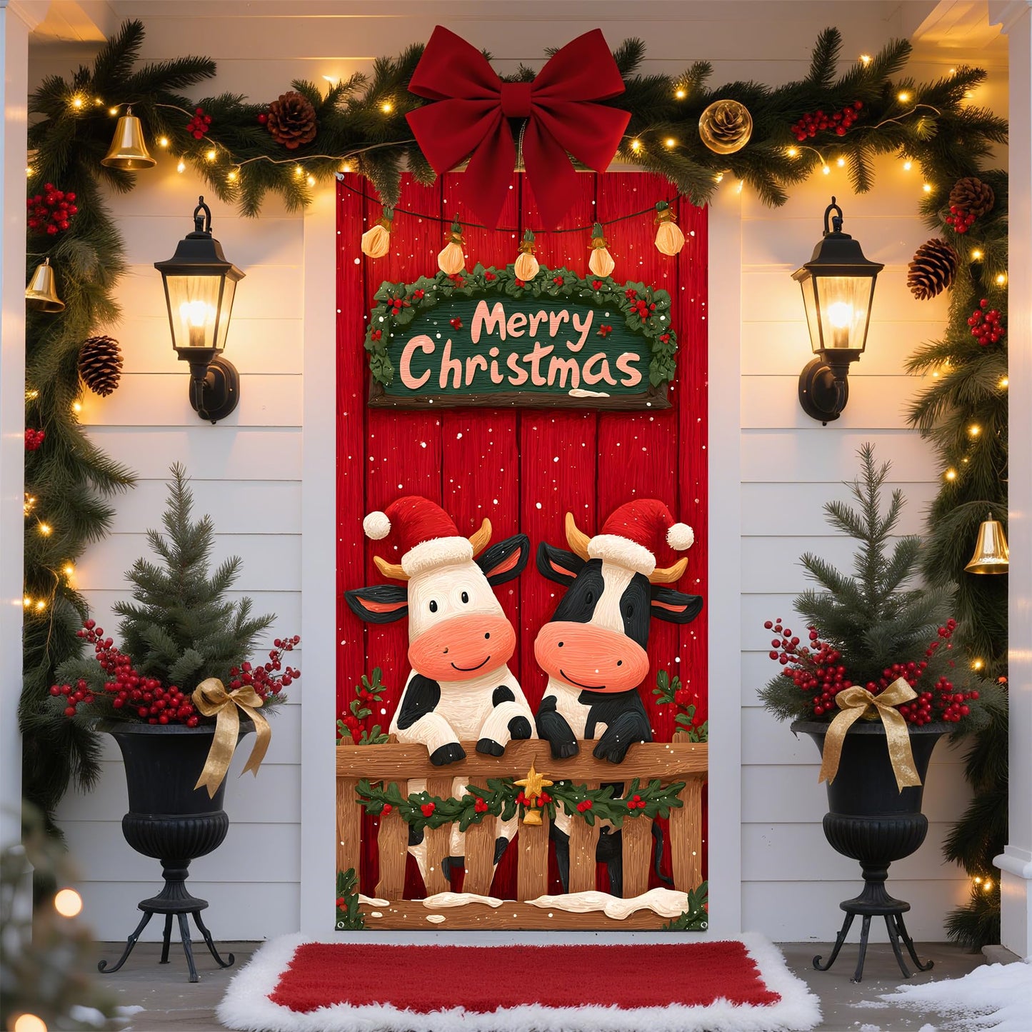 Christmas Door Cover, 35.4 x 70.8 inch Merry Christmas Door Cover Hanging Banner Backdrop Xmas Winter Holiday Decor for Front Door, Two cows