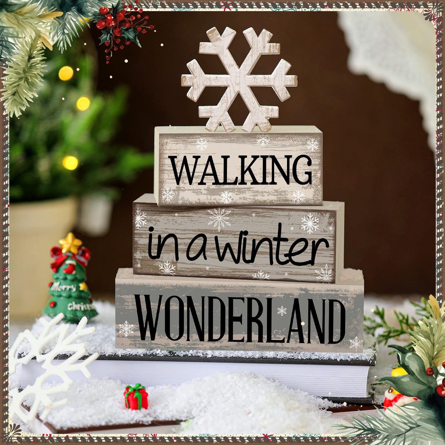 Moucuny 4 Pcs Winter Table Decorations Wooden Snowflake Decor Winter Tiered Snow Tray Decor Rustic Block Signs Gift Farmhouse Christmas Centerpiece for Wonderland Party Kitchen Shelf Home