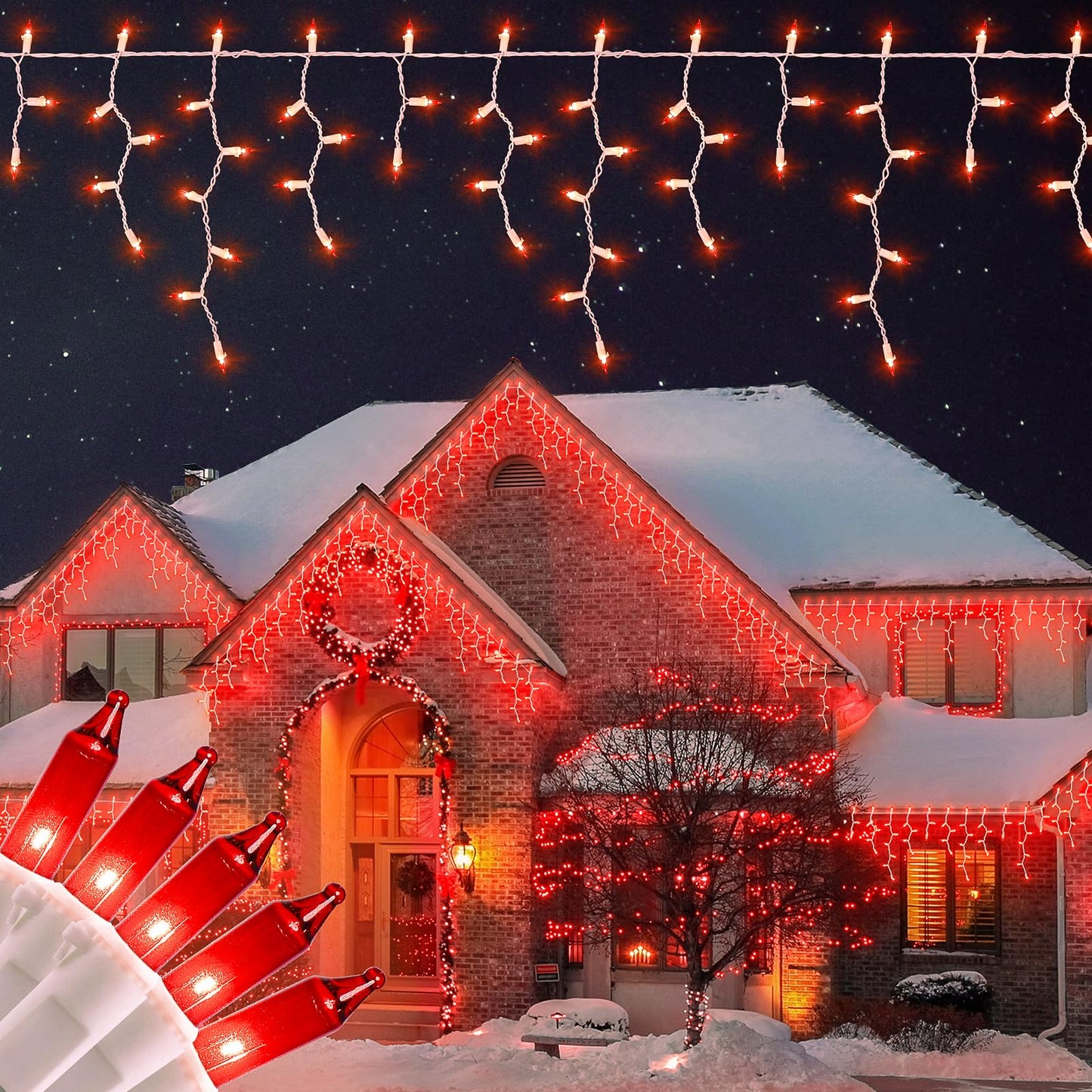 BEEWIN 23FT 200Count Red Icicle Lights,White Wire Icicle Mini Lights Plug in with 40 Drops,Hanging Curtain Fairy String Light Connectable for Christmas Valentine's Day Halloween Party Decorations
