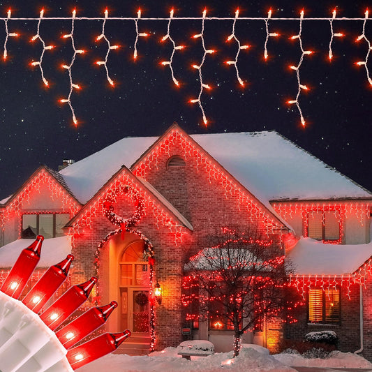 BEEWIN 23FT 200Count Red Icicle Lights,White Wire Icicle Mini Lights Plug in with 40 Drops,Hanging Curtain Fairy String Light Connectable for Christmas Valentine's Day Halloween Party Decorations