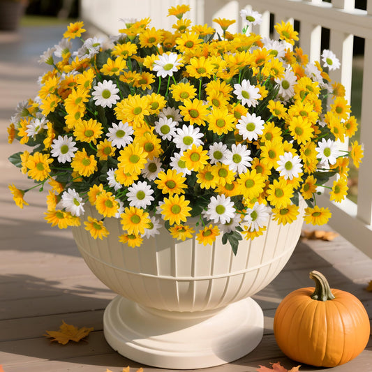 Ammyoo Fake Mums Artificial Flowers for Outdoor Decoration, 6 Bundles Faux Silk Daisy Flowers Realistic UV Resistant No Fade Fake Plants for Home Patio Porch Garden Window Box Decor(Yellow White)