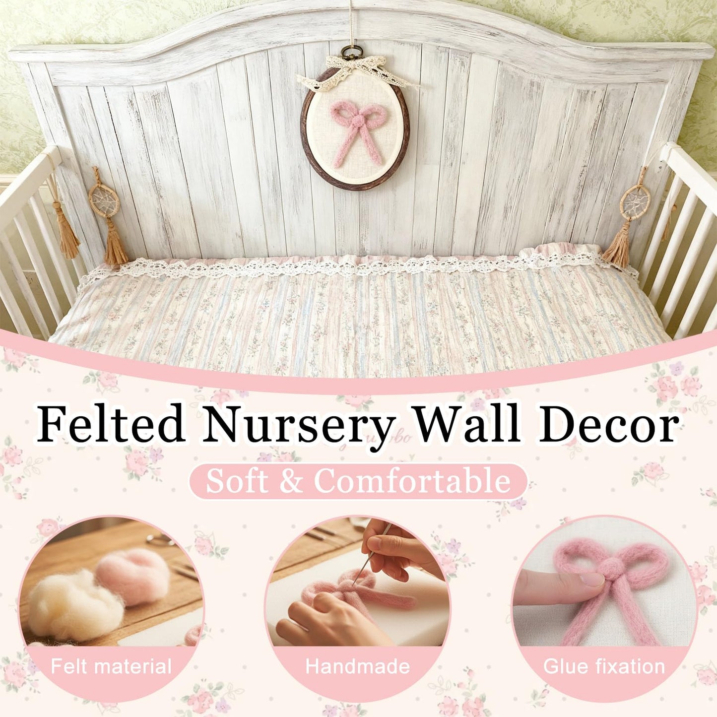 Soulchen Felted Pink Bow Nursery Wall Decor 5 x 6 Inch Cute Coquette Bow Pink Christmas Decor Wall Art Decorative Artwork for Nursery Bathroom Living Room Baby Room Bedroom Farmhouse Decoration