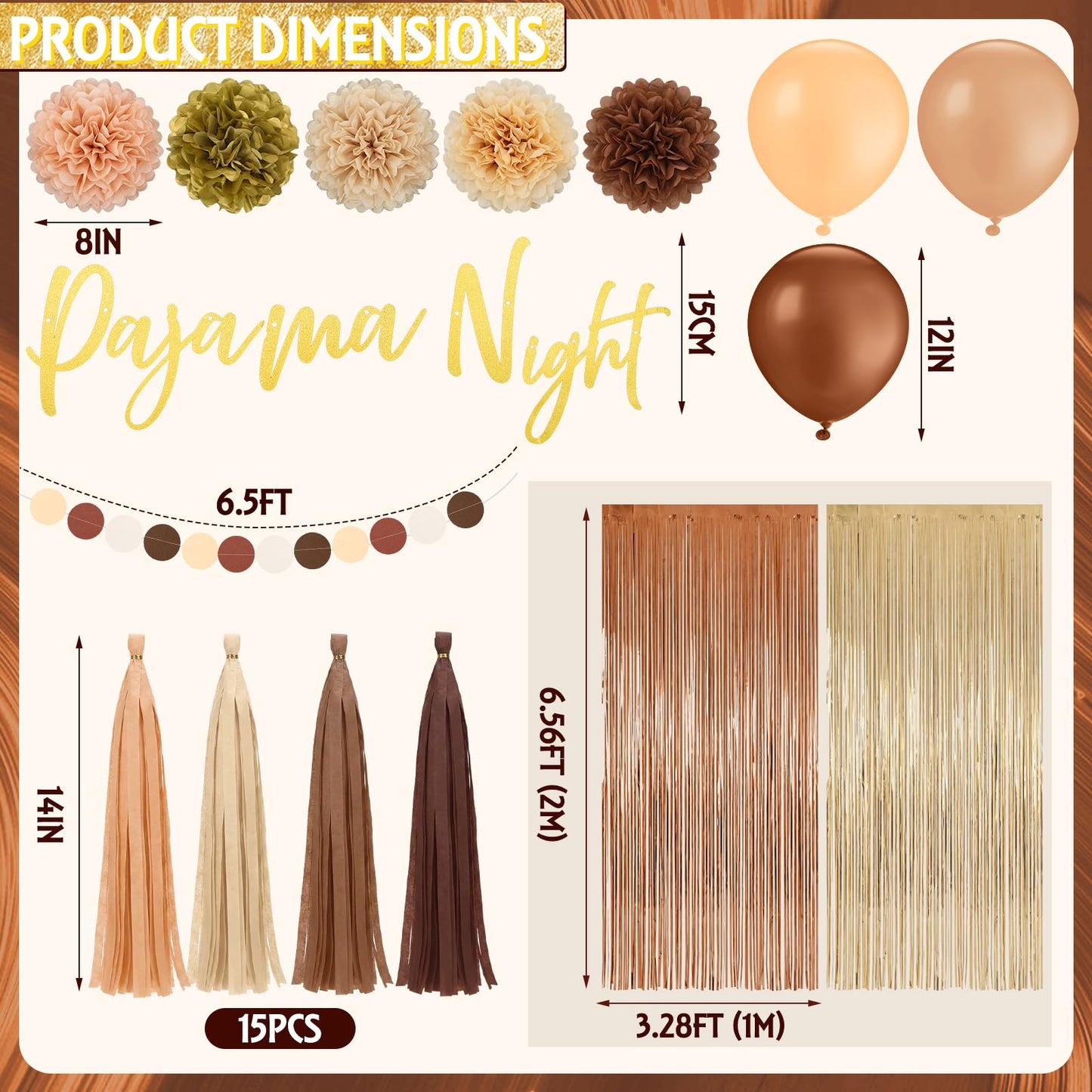 Riceshoot 41 Pcs Brown and Beige Pajama Night Party Decoration Kit Include Pajama Night Banner Paper Pom Poms Tassel Garland Circle Dot Banner Balloons for Gathering Brown Party Decoration Supplies
