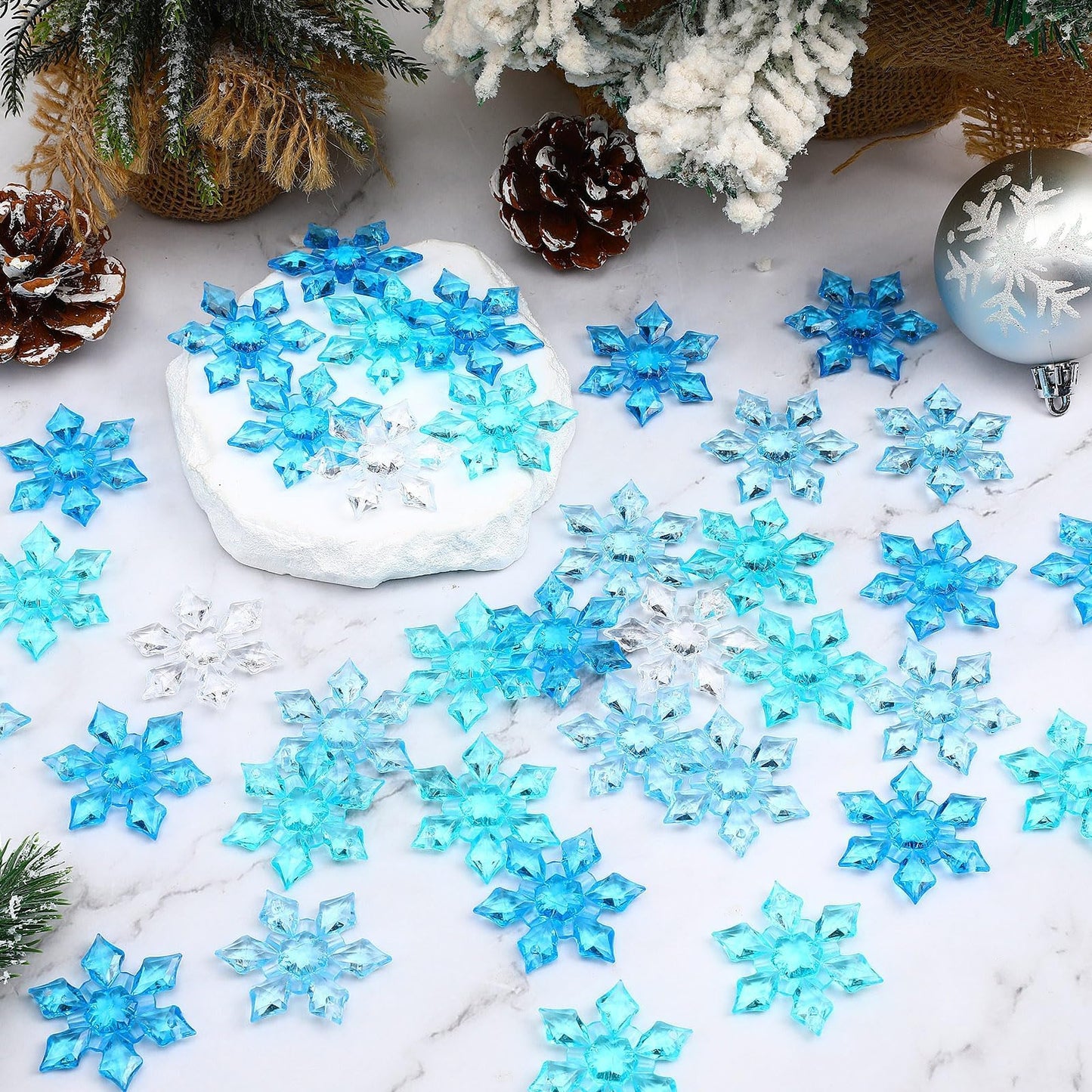 BOARDFEB 60Pcs Christmas Acrylic Snowflake Ornaments, Winter 3D Translucent Snowflake Hanging Ornaments for Tree Crystal Pendants with Rope for Holiday Party DIY Decor (Blue 43mm)