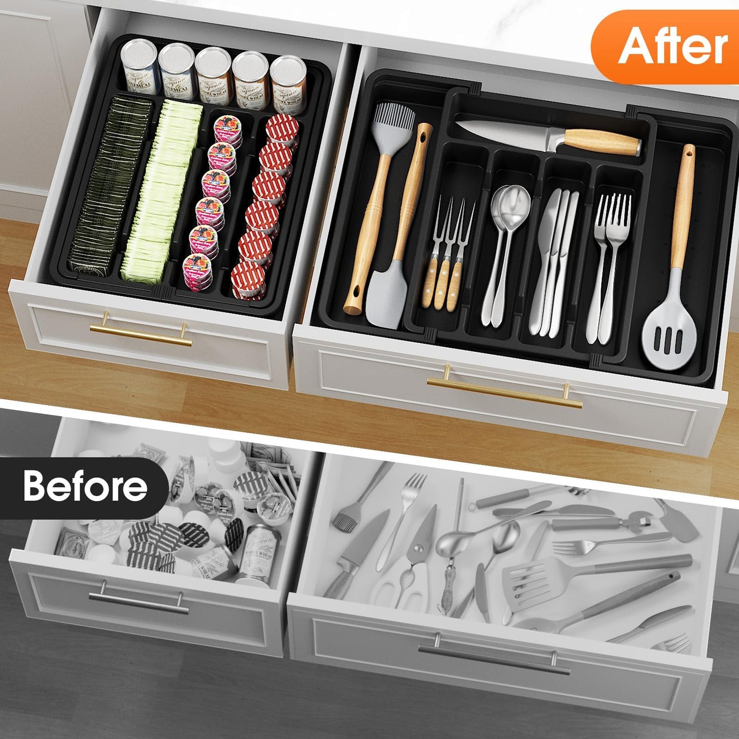SpaceHacks Silverware Organizer，Adjustable & Expandable Utensil Drawer Organizer, BPA Free Utensil Holder, Cutlery Tray for Forks, Spoons, Knives in Kitchen, Medium, Black