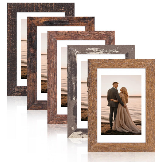 Fixwal 4x6 Rustic Picture Frames Set of 5, Vintage Distressed Photo Frames with Tempered Glass, Decorative Art for Wall Hanging and Tabletop Placement, Display 3.5x5 with Mat or 4x6 Without Mat