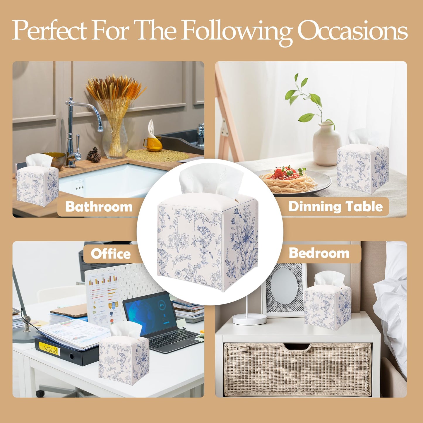 Spring Floral Tissue Box Cover Square - Sketch Flowers Tissue Holder - Waterproof Facial Paper Organizer for Home Bathroom Office - Desk Tabletop Supplies Decorative Dispenser Box - A03