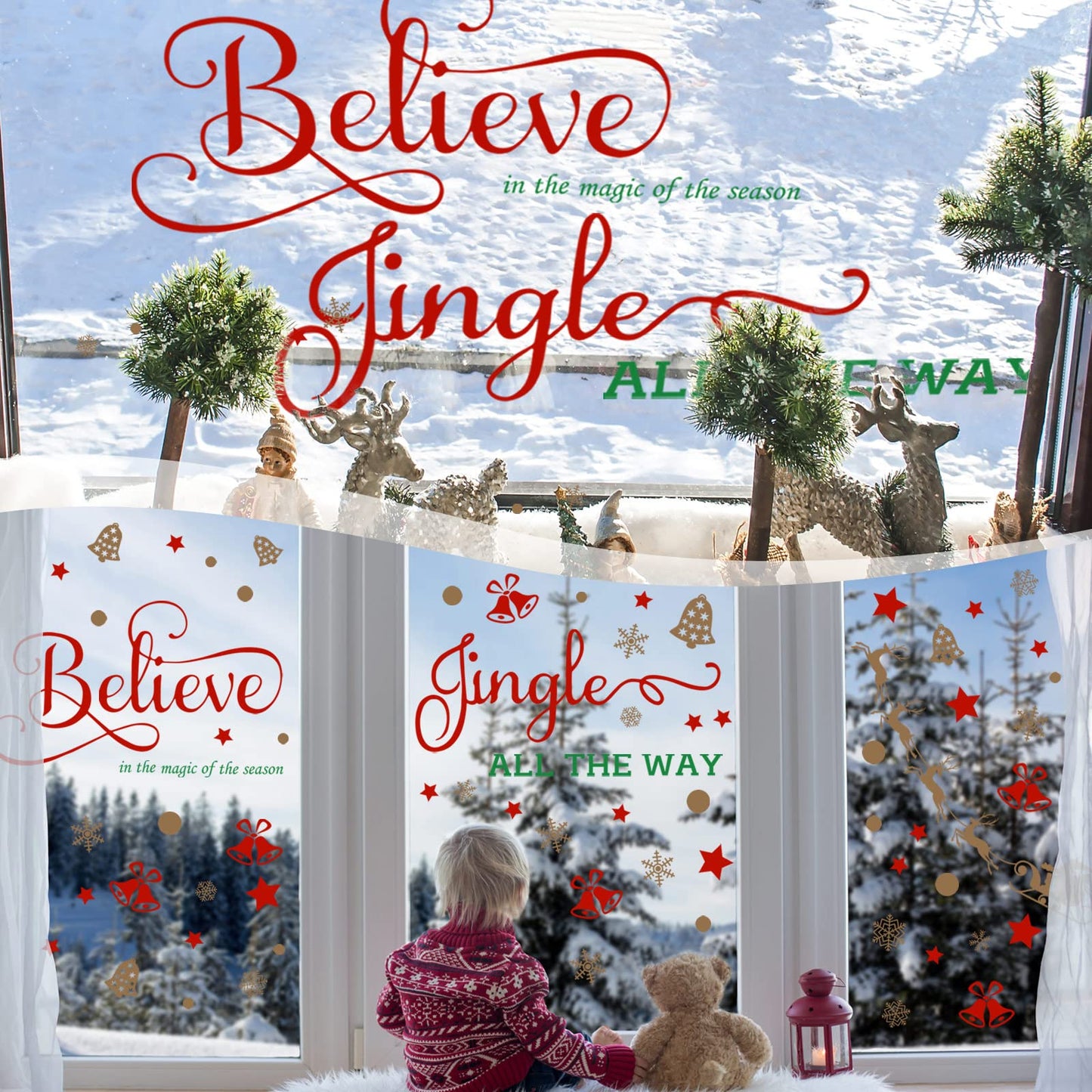 Hotop 4 Sheets Christmas Wall Decals Believe Quote Wall Stickers Christmas Wall Decor Reindeer Snowflakes Window Clings Vinyl Wall Art Decal Removable for Christmas Party Supplies Home Window Decor