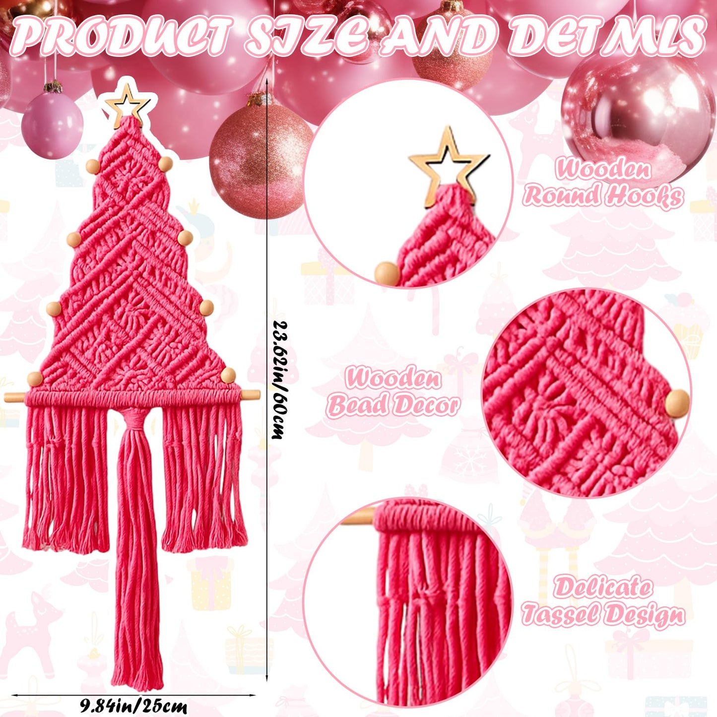 HunnmingRe Pink Christmas Tree 3 Set Macrame Christmas Wall Decoration Hanging Ornaments Boho Wall Decor for Party Supplies(Beige, Light and Dark Pink)