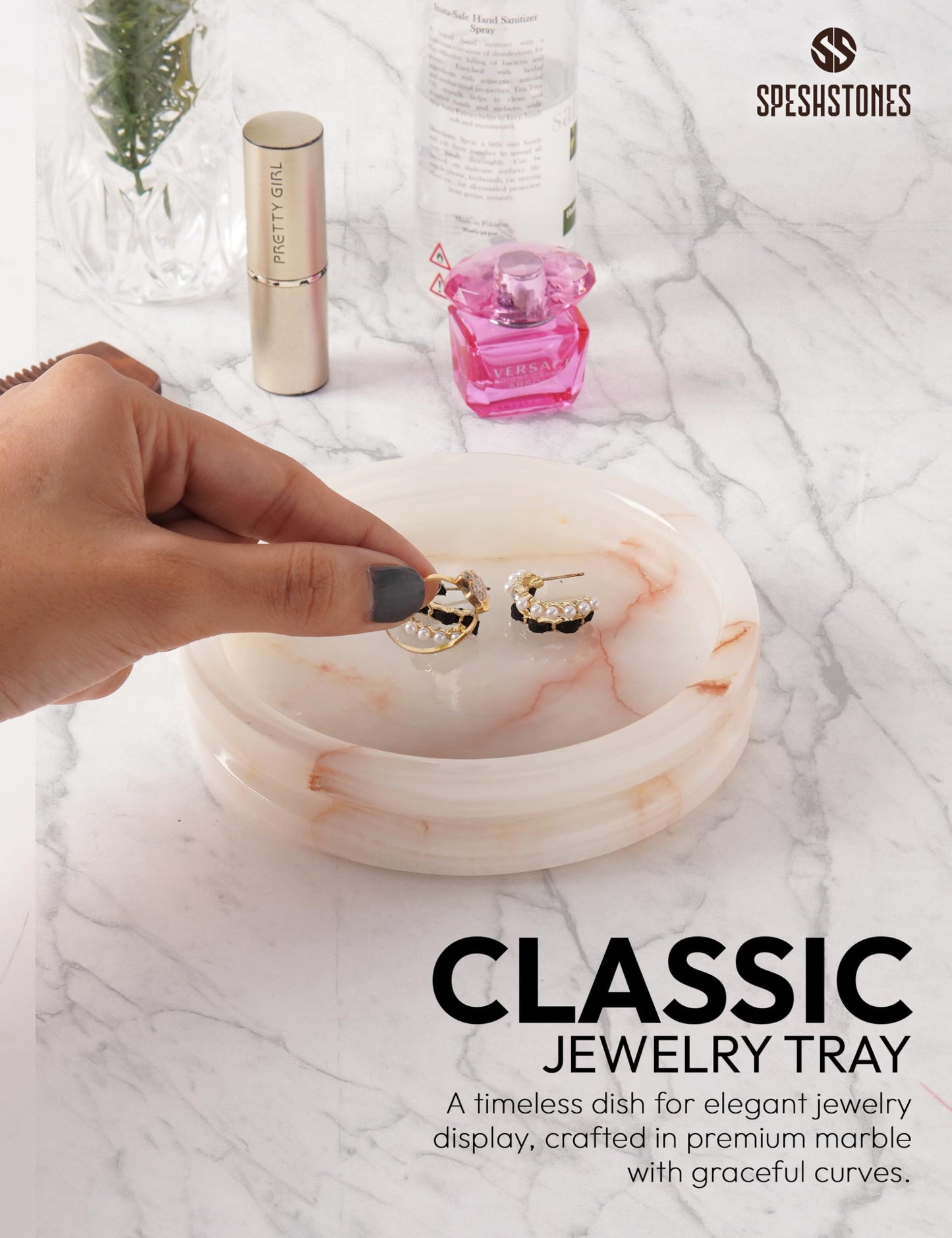 SPESHSTONES Marble Jewelry Dish Ring Holder for Women 5 Inch Round Cream Onyx Stone Tray, Marble Ring Dish, Trinket Dish & Jewelry Tray for Vanity, Nightstand & Bathroom, Engagement Gift Idea for Her