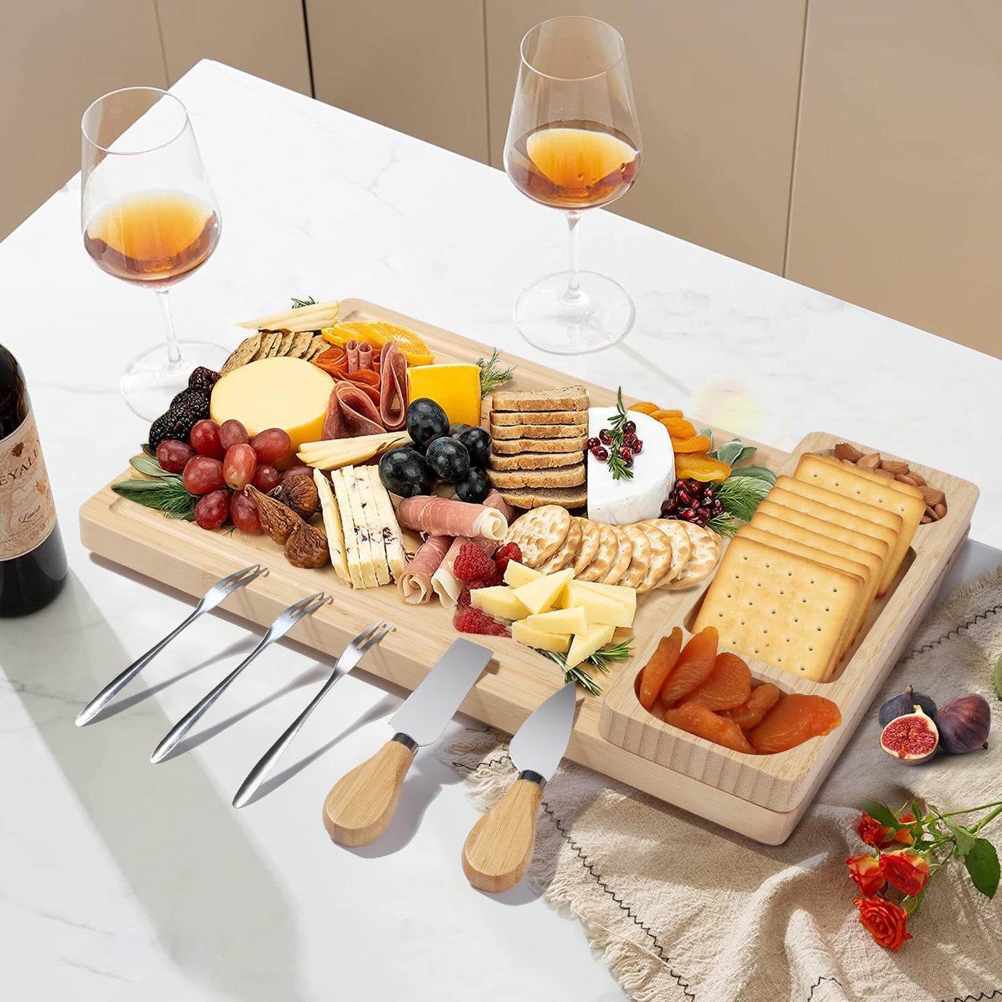 Premium Bamboo Cheese and Charcuterie Board Set - Large Wooden Serving Tray with Hidden Knife Storage, Cheese Knives & Forks - Perfect for Cheese, Meats, Fruits - Ideal Gift for Parties & Holidays