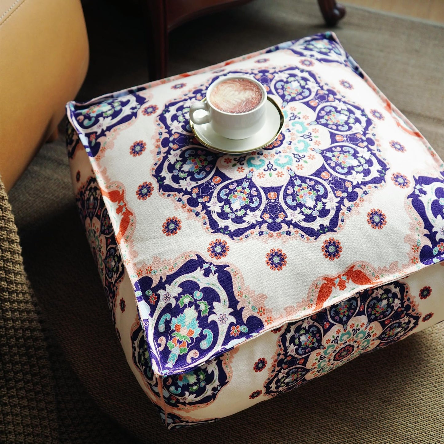 Artbloss Unstuffed Pouf Cover Ottoman Footrest Bohemian Chenille Foot Stool Floor Bean Bag 20x20x8 Inches for Living Room Bedroom Home Decor (Blue, Square)