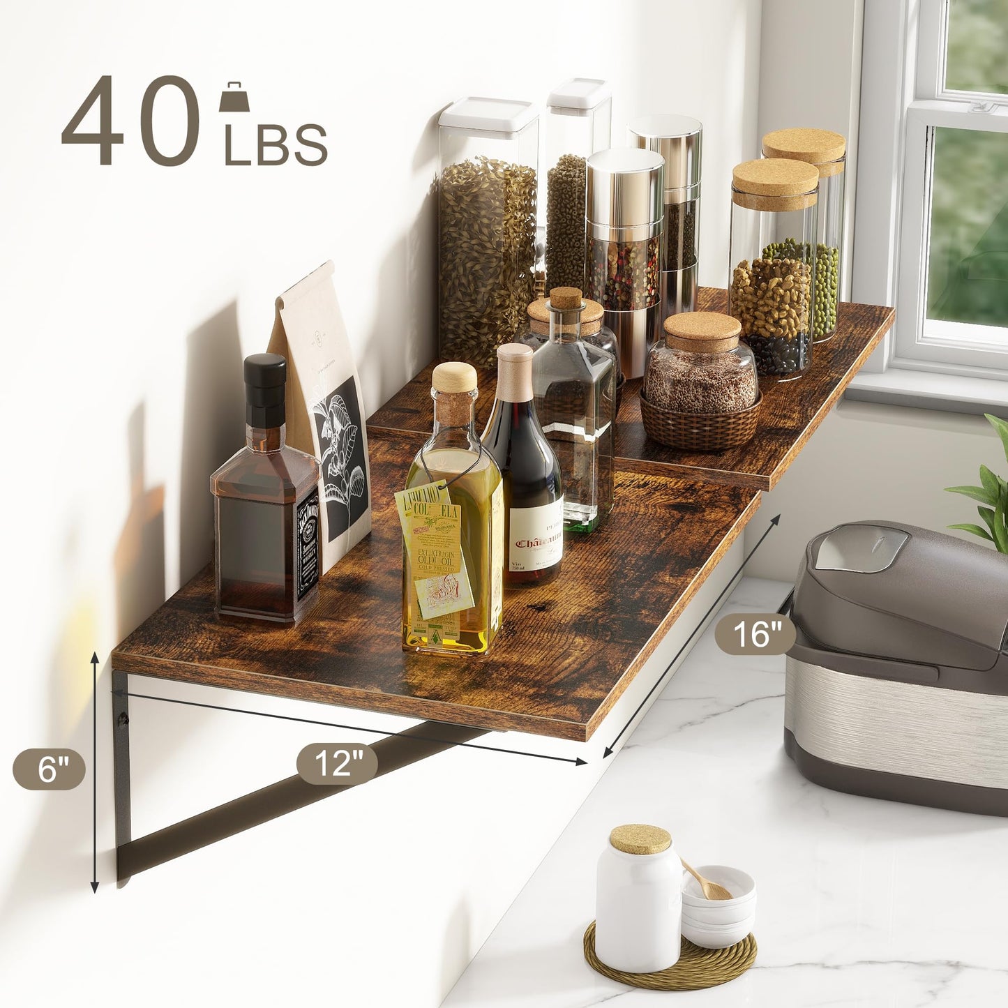 Deep Floating Shelves for Wall, 12 Inch Deep Floating Shelves Set of 2, 16"W x 12"D Wall Shelf, Wide Display Ledges Shelves for Bedroom, Bathroom, 12 Deep Bookshelf Wall Mounted - Rustic Brown