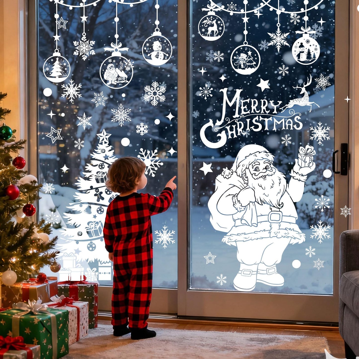 HEEKPEK 163PCS Christmas Window Clings Decorations Large Merry Christmas Double Sided Stickers, Santa Claus Xmas Tree Reindeer Decals for Home Office School (14 Sheets)