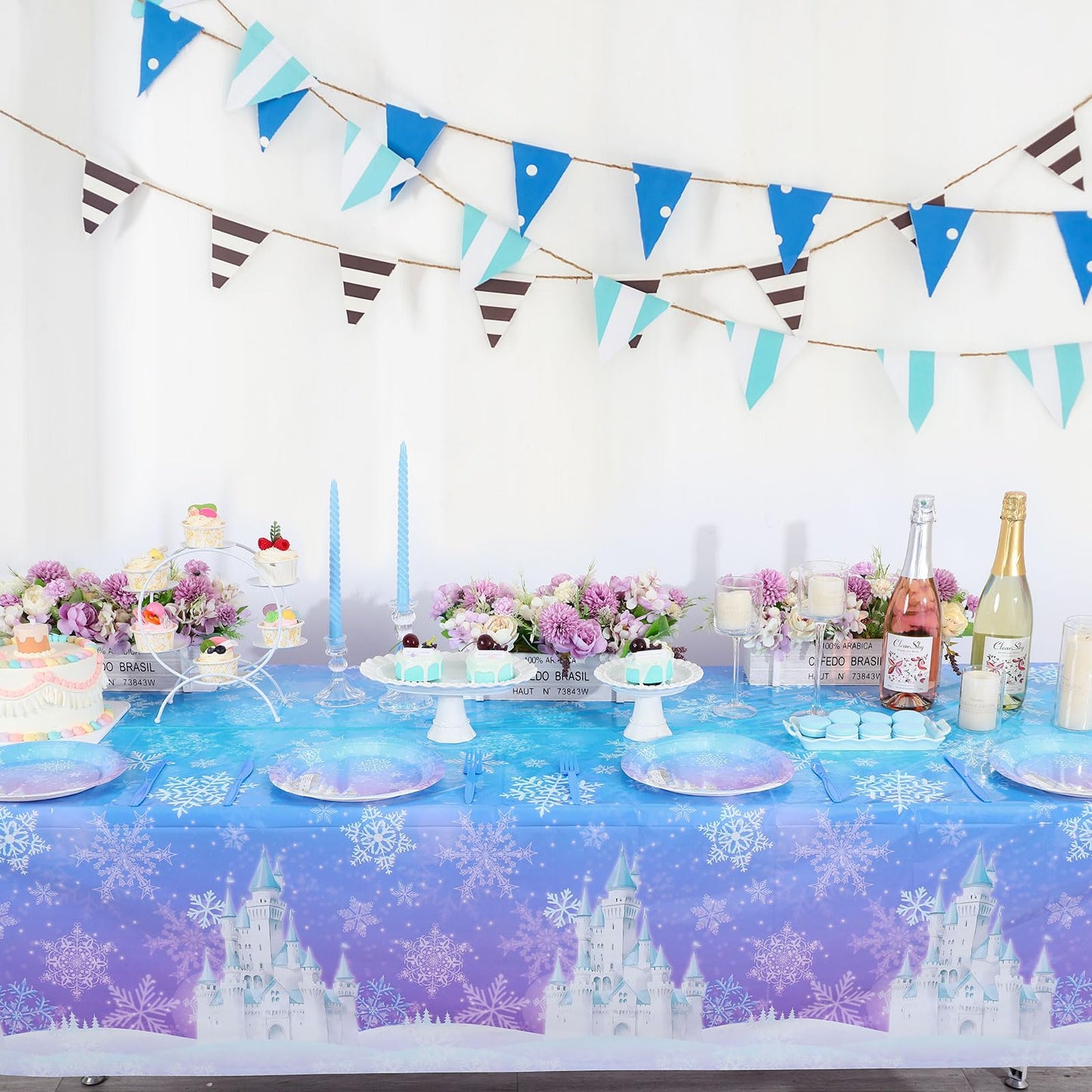 NatNarr 6 Pack Frozen Tablecloth, 54 x 108 Inch Snowflake Plastic Tablecloths Blue and Purple Snowflakes Table Cover, Winter Wonderland Table Cloth for Holiday Frozen Birthday Party Supplies