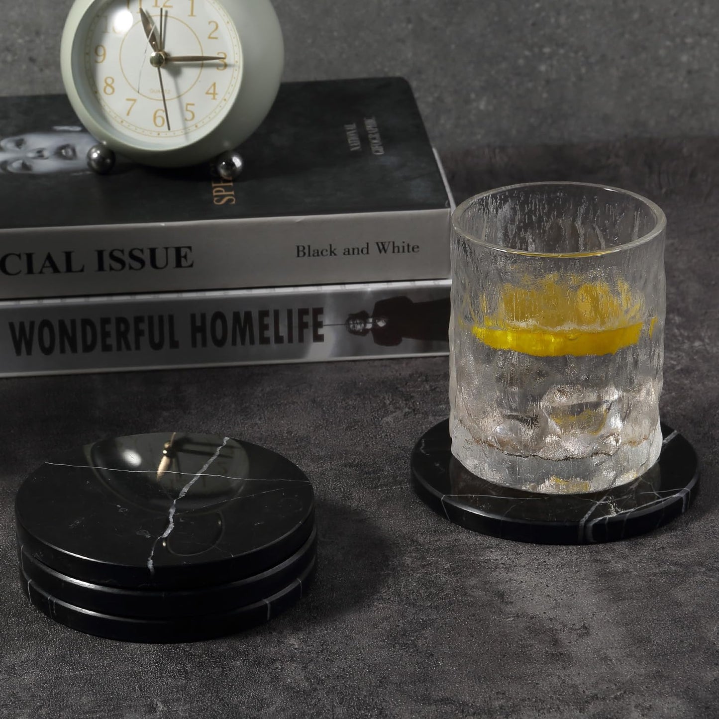 Koville Marble Coaster Set of 4, Round Coasters, 4" Stone Coaster for Drinks Coffee, White Marble Coasters for Coffee Table Home Bar Decor, Heat Resistant, Gift Choice(Black)