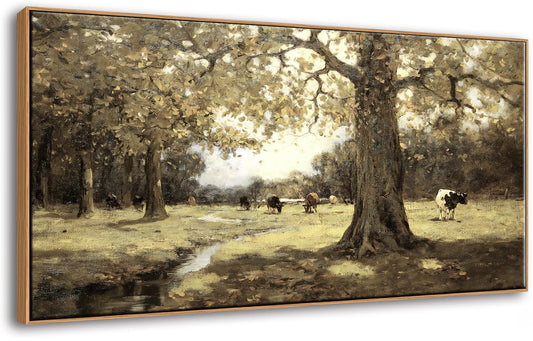 Extra Large Framed Canvas Wall Art - Vintage Pastoral Landscape with Cows, Cottagecore Countryside Meadow Painting, Rustic Farmhouse Wall Decor for Living Room Bedroom, Ready to Hang [20"x40"Inches]