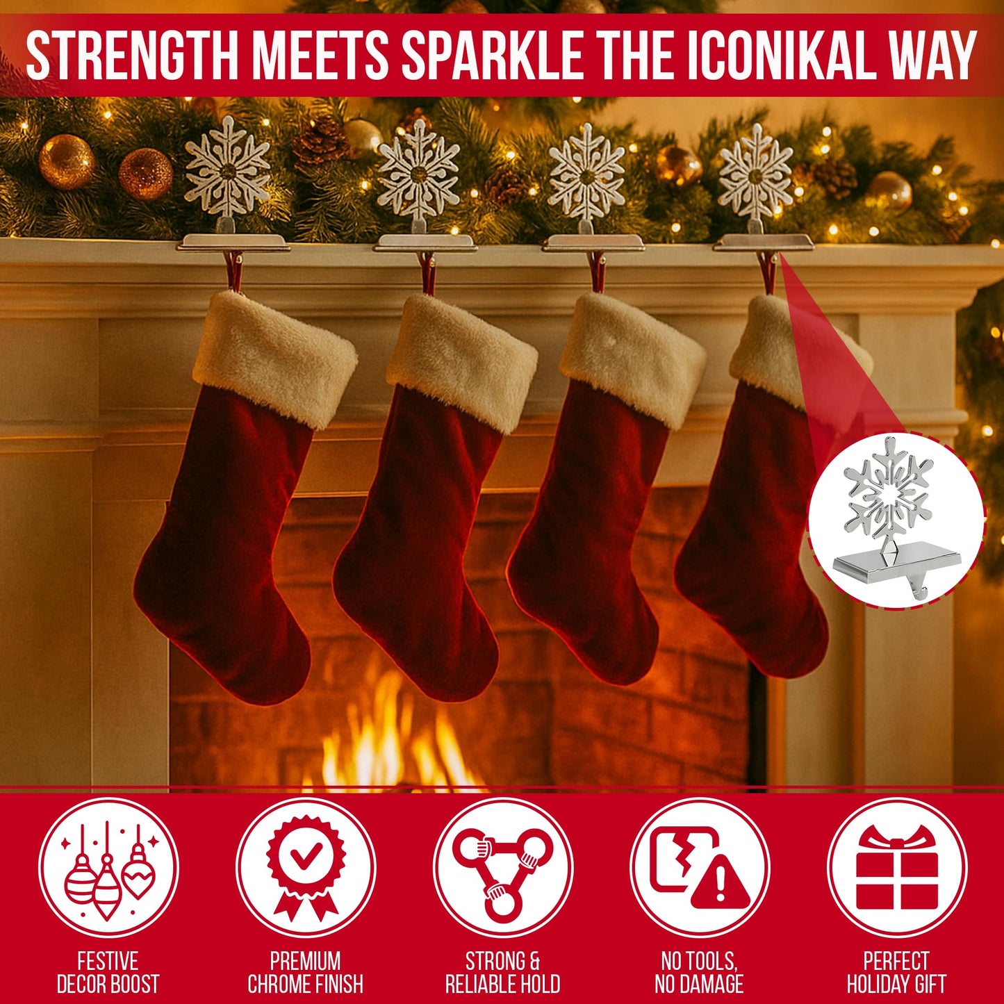 Iconikal 4-Pack Stocking Holders Christmas Chrome Metal Snowflake Weighted for Mantle, Holiday Fireplace Hangers