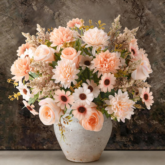 Artificial Fake Flowers for Spring Decoration, 4 Pcs Faux Silk Flower Arrangements Centerpiece for table with Chrysanthemum Rose Daisy Floral Bouquets Office Wedding Patio Porch Indoor Home Decor