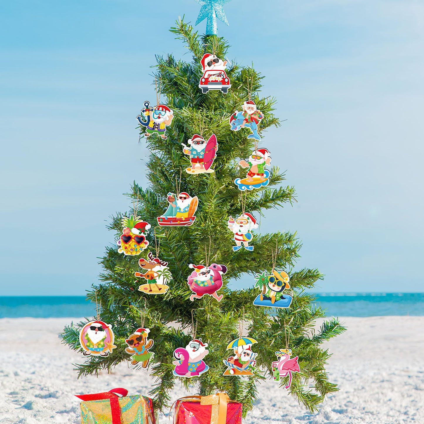 HOWAF 32pcs Hawaiian Christmas Ornaments for Tree, Christmas Decorations Hanging Ornaments Flamingo Santa Claus Wood Cutouts with Rope for Summer Beach Santa Palm Trees Decoration