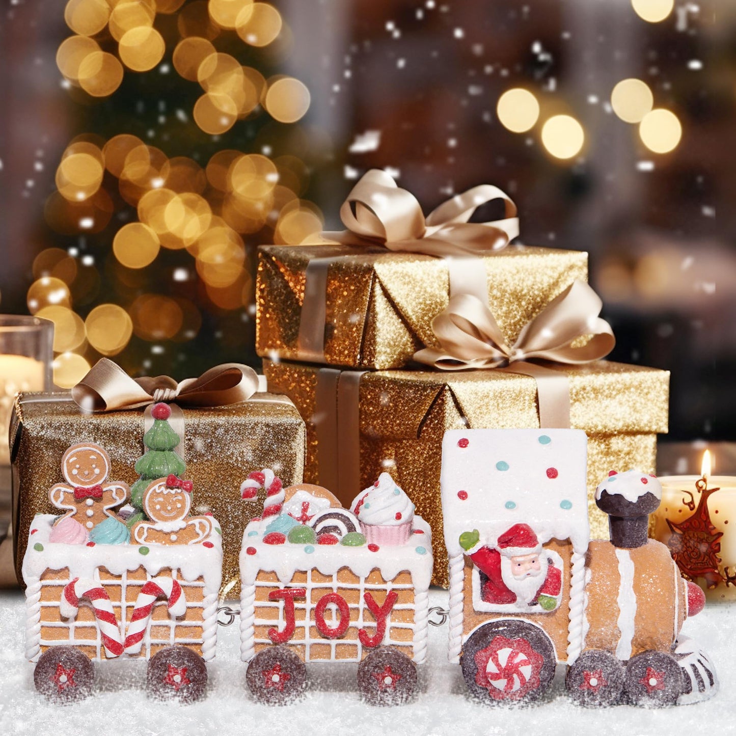 Hodao Christmas Gingerbread Man Train Figurines - Cute Indoor Holiday Decorations for Tabletop, Fireplace, or Centerpiece - Perfect Winter Christmas Decor and Gift (7.5" L Brown)