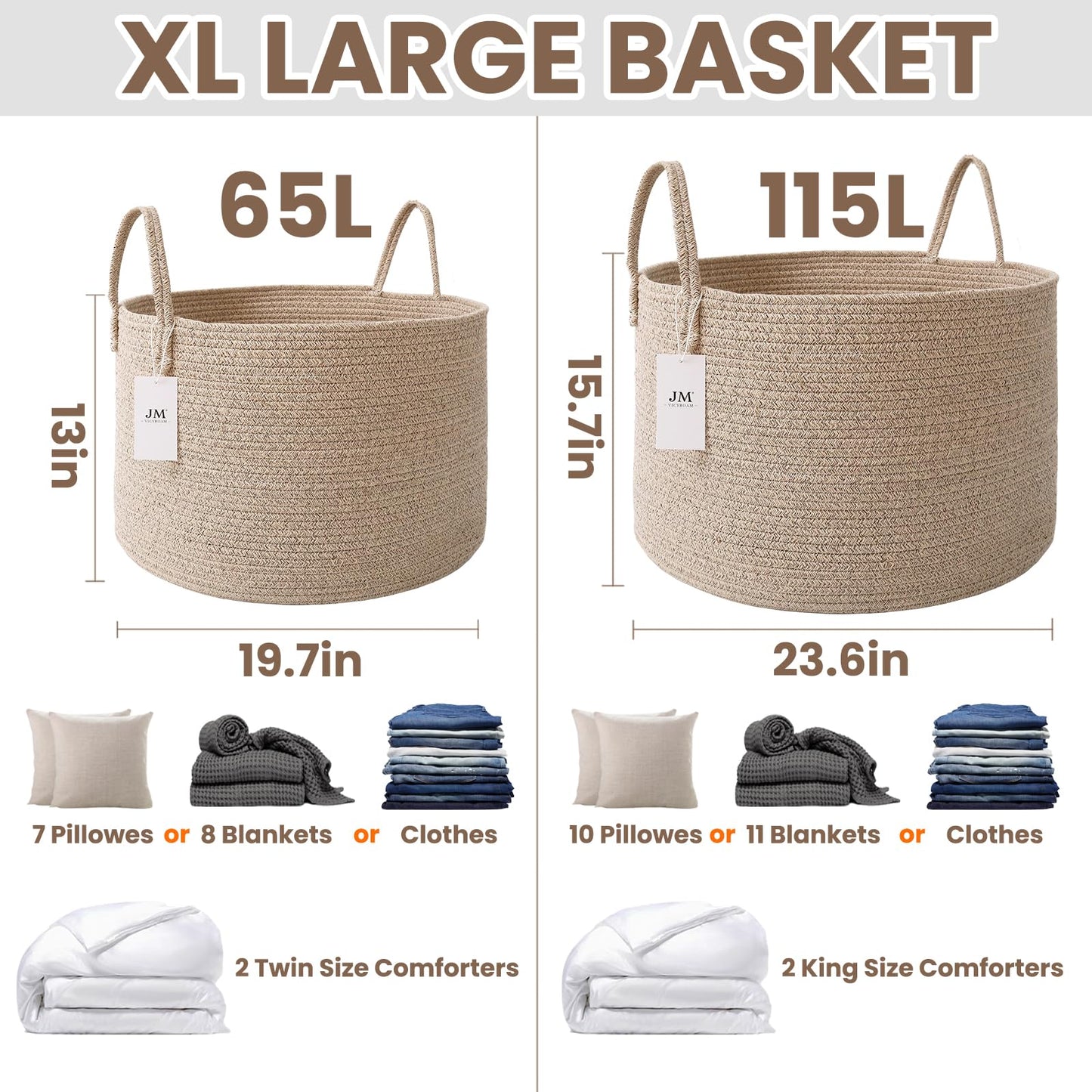 JMvicyroam 65L Extra Large Blanket Basket for Living Room - Woven Cotton Rope Laundry Hamper with Reinforced Handles - Storage Bin for Pillows, Comforters & Toys - Machine Washable,Oatmeal