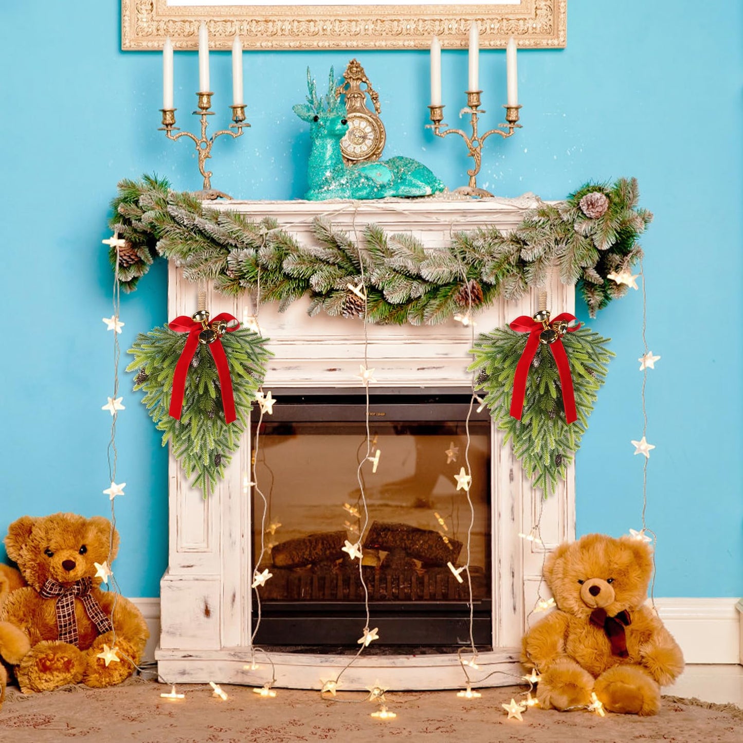 RoseCraft 2PCS Christmas Decorations, Artificial Front Door Christmas Wreaths, Hanging Bell Bow Decorations, for Fireplace Home Holiday Wall Party Xmas Decor.