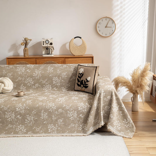 Boho Beige Couch Cover for 3 Cushion Sofa, Vintage Cottage Reversible Couch Cover Sectional L Shape, Farmhouse Khaki Home Decor Chenille Non Slip Washable Large Couch Protector for Dogs 71"x118"