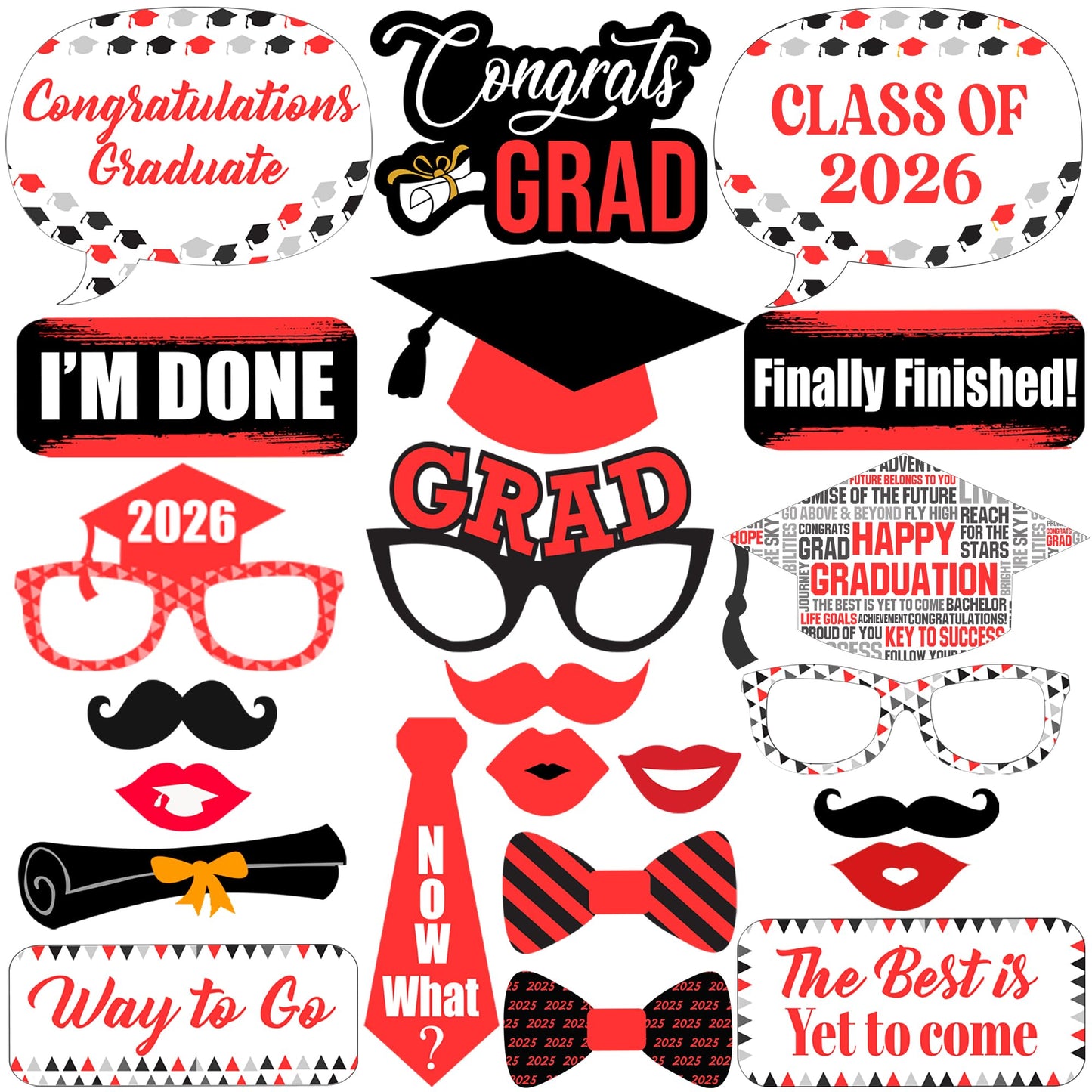 Graduation Decorations 2026 | Red Graduation Photo Props - Pack of 23 | Photo Props for Red & Black | Graduation Props for Congrats Grad Decorations | Class of 2026 Decorations, KatchOn