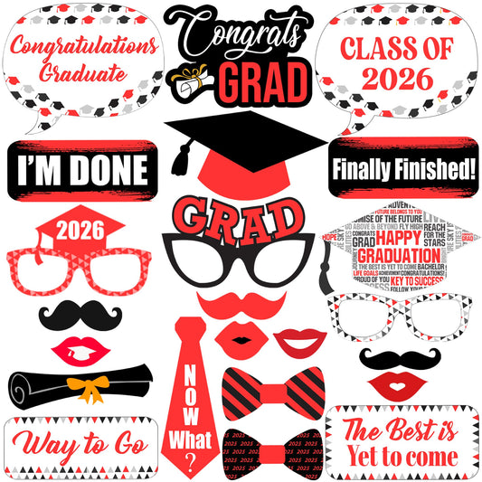 Graduation Decorations 2026 | Red Graduation Photo Props - Pack of 23 | Photo Props for Red & Black | Graduation Props for Congrats Grad Decorations | Class of 2026 Decorations, KatchOn