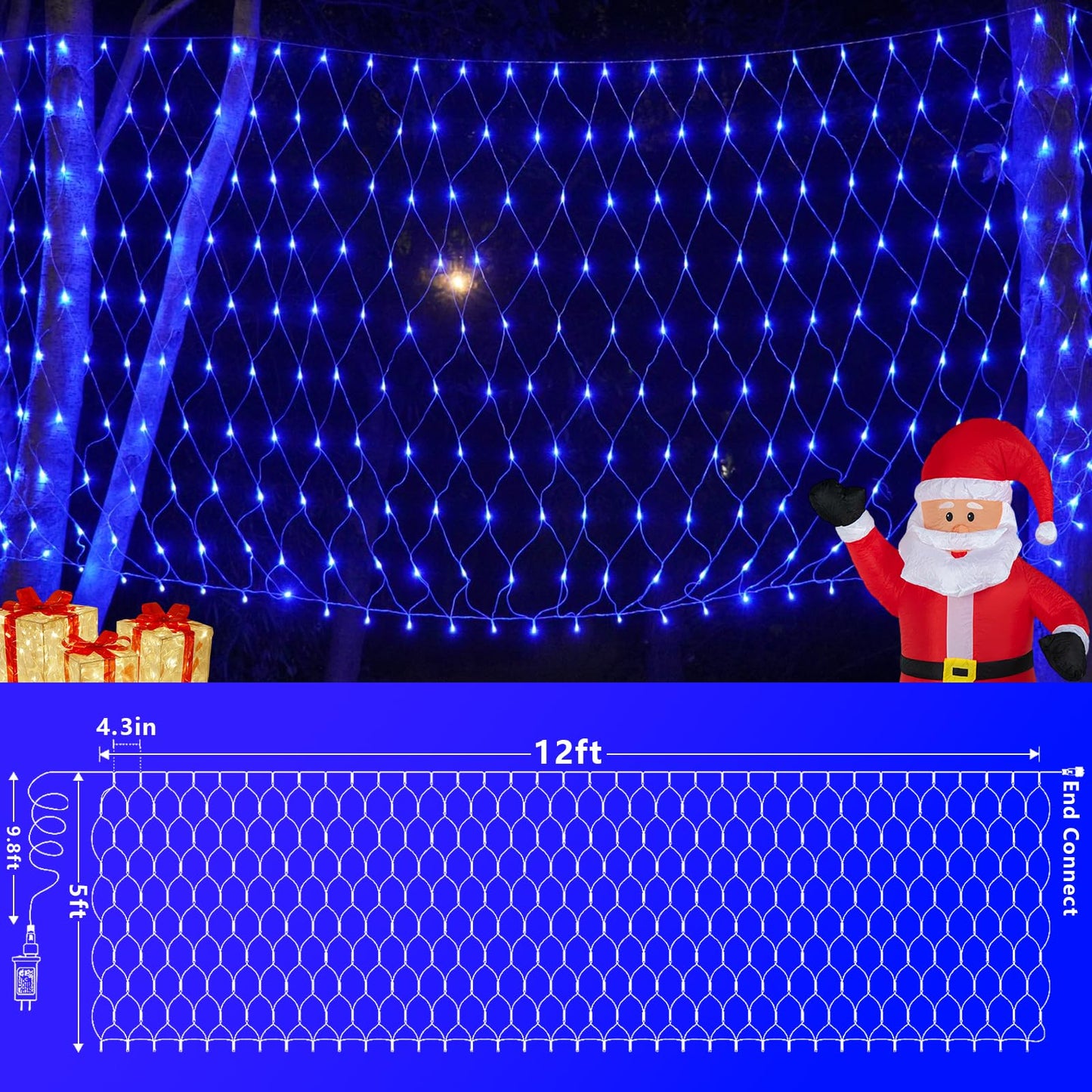 QITONG Net Lights Outdoor Mesh Lights, 12ft x 5ft 360 LED Blue Christmas Light with 8 Modes, Connectable Clear Wire Bush Light Plug in