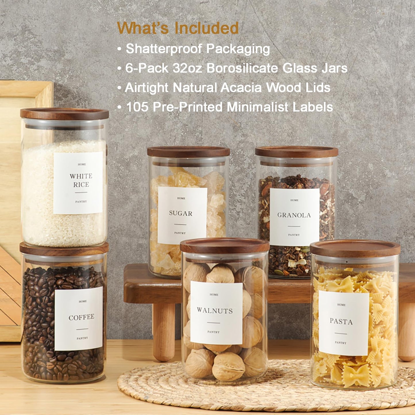 GENSTEUO Set of 6 Glass Pantry Jars with Acacia Wood Lids, 32oz Airtight Pantry Storage Containers with 105 Labels, Glass Kitchen Canisters for Coffee, Tea, Sugar, Pasta