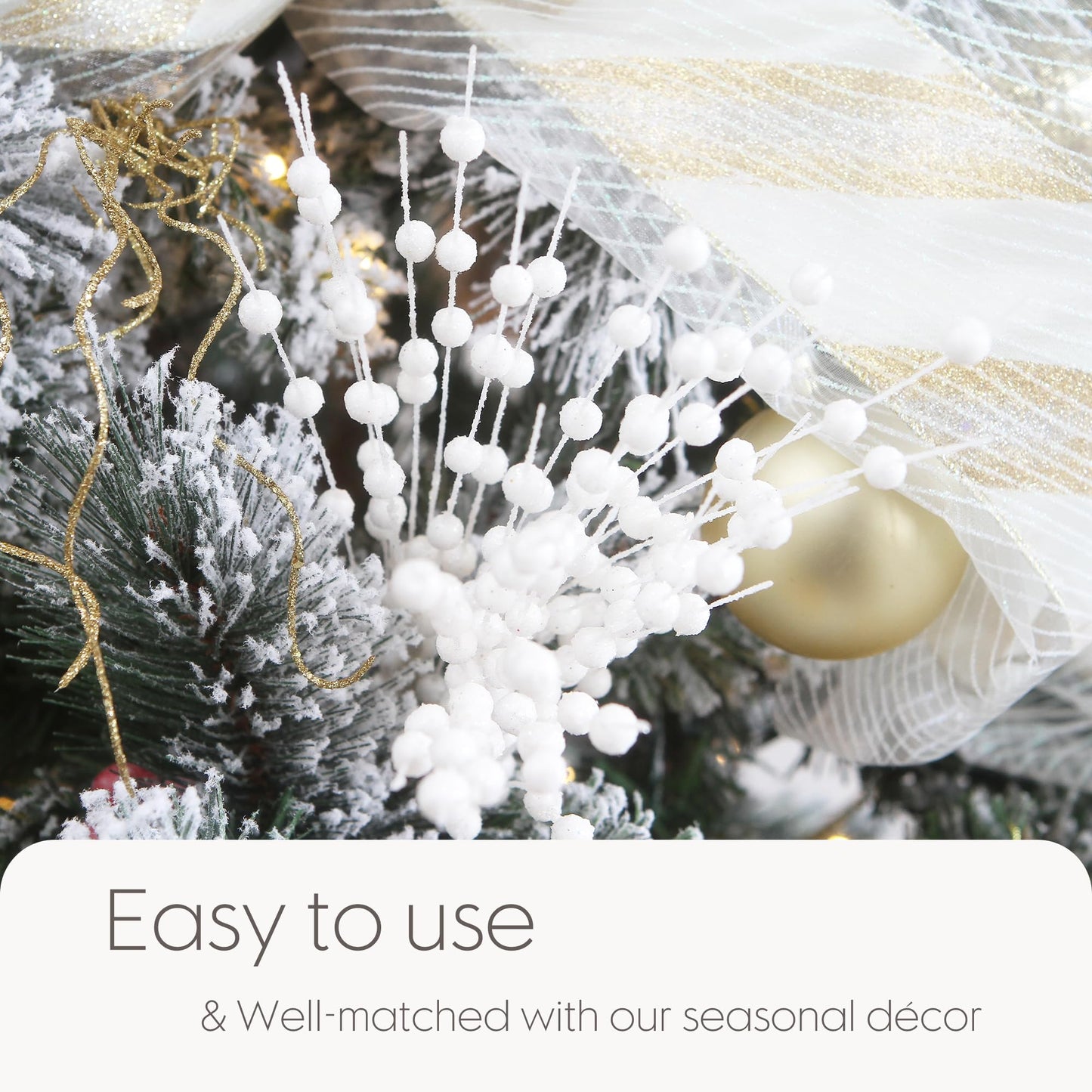 Sea Team 24-Pack Artificial Glitter Berry Stem Ornaments, Decorative Bead Sticks, Glittery Twigs, Picks, Branches for Christmas Tree, Small Vase, Holiday, Wedding, Party (17 Inches, White)