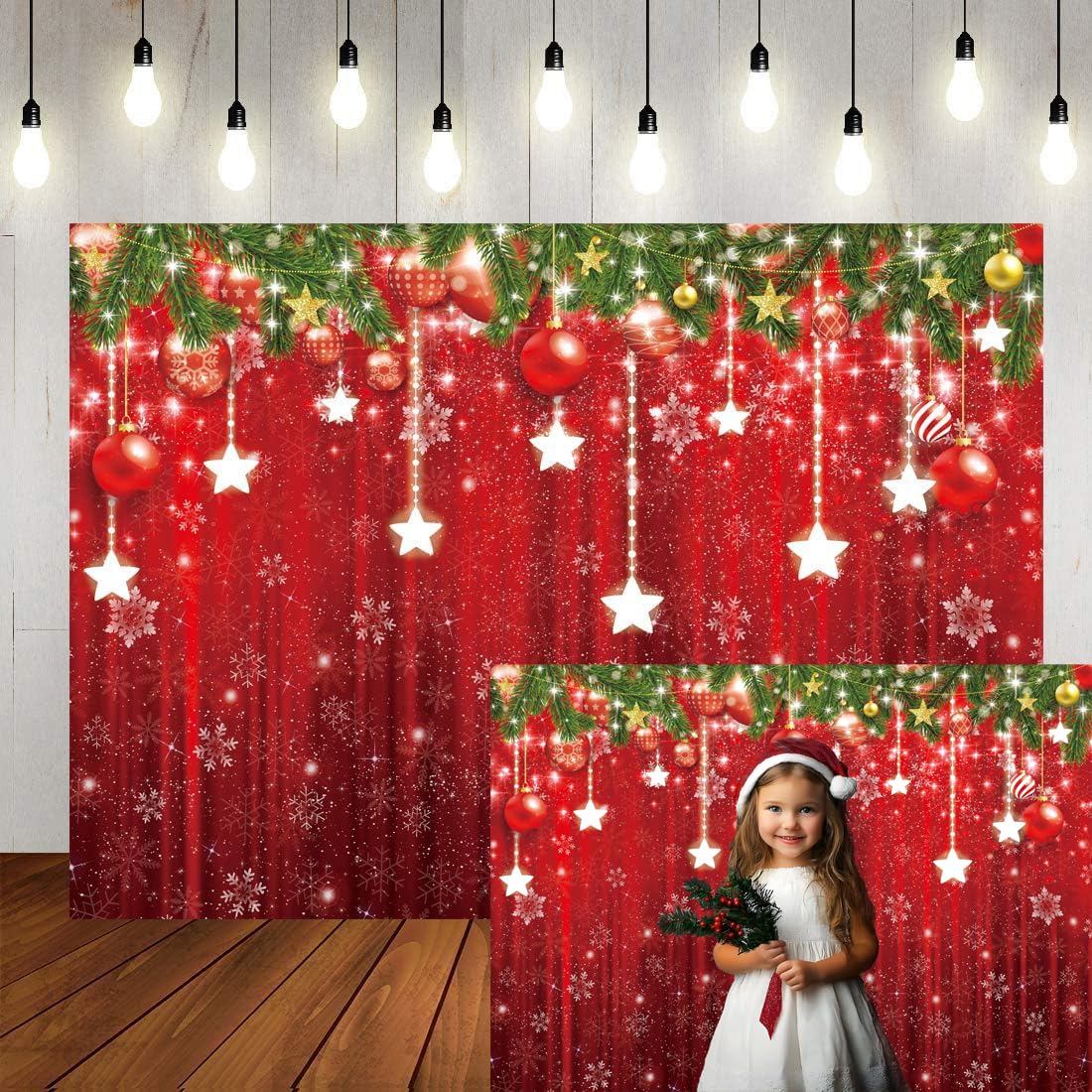 LTLYH 7x5ft Christmas Photography Backdrop Red Glitter Snowflake Star Hanging Ornaments Holiday Photo Background Xmas Party Decorations Holiday Photo Background 113