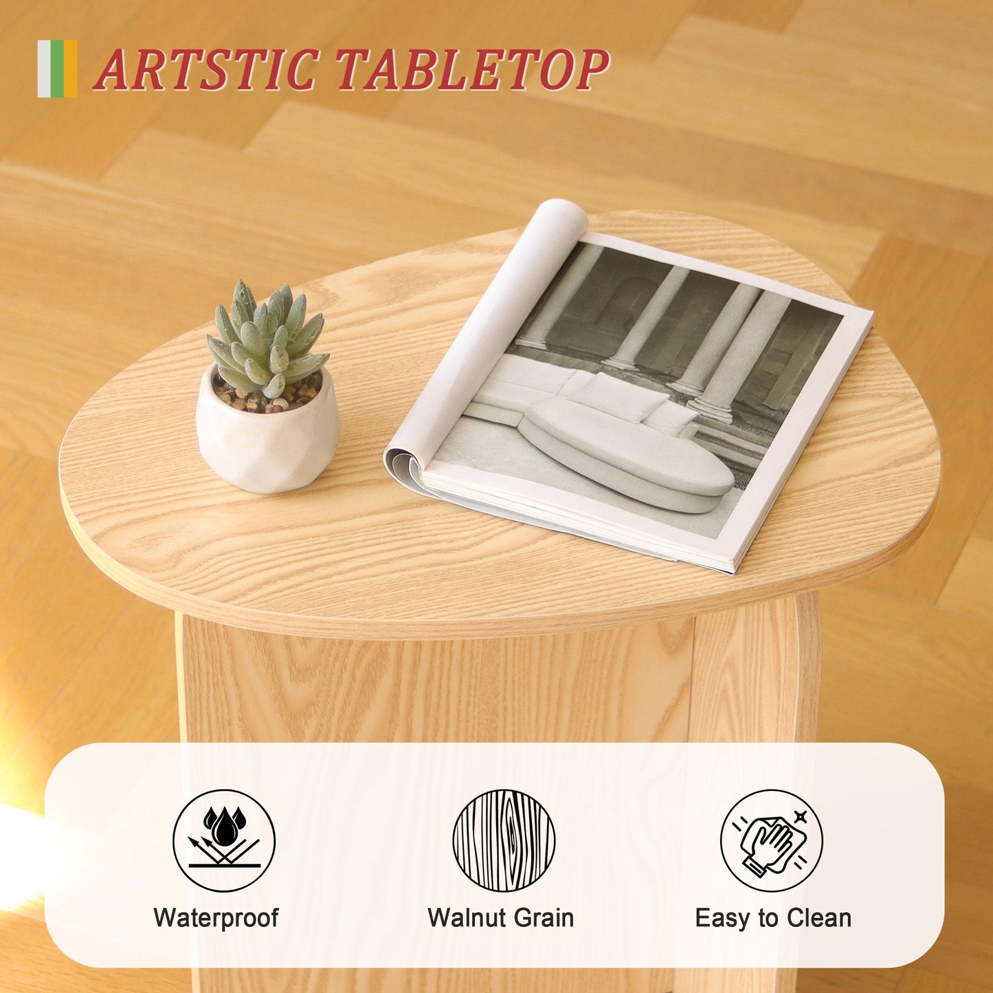 AWASEN Small Side Table, Mini End Table Living Room, Modern Accent Table with Unique Tabletop, Short Bedside Table for Small Spaces, Natural