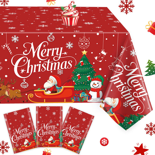 MEIDUO Christmas Tablecloth, 3 Pack 54" X 108" Red Christmas Disposable Plastic Table Covers, Rectangular Table Decor, Xmas Tree Snowman Snowflakes Designs for Winter Party Decorations