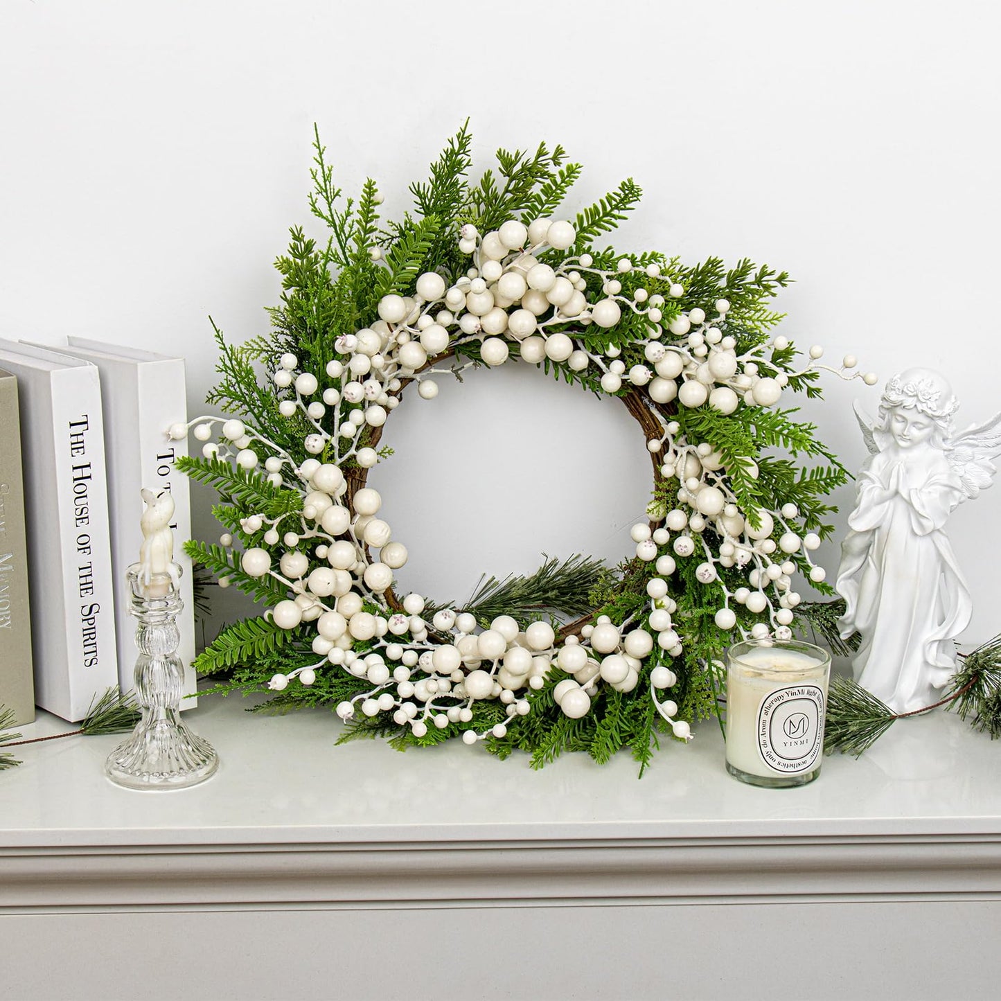 FloralElegance Artificial Winter Wreath 20 Inch White Berry Wreath Winter Wreaths for Front Door with Holly Berries for Xmas Winter Holidays