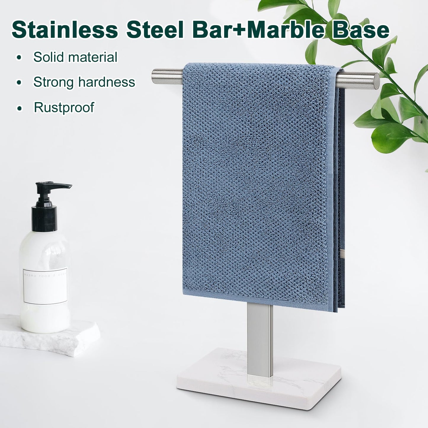 BathAce Hand Towel Holder, T-Shape Hand Towel Stand for Bathroom, Hand Towel Rack Bar Standing for Vanity Kitchen Countertop, 304 Stainless Steel (Marble Base, Brushed)