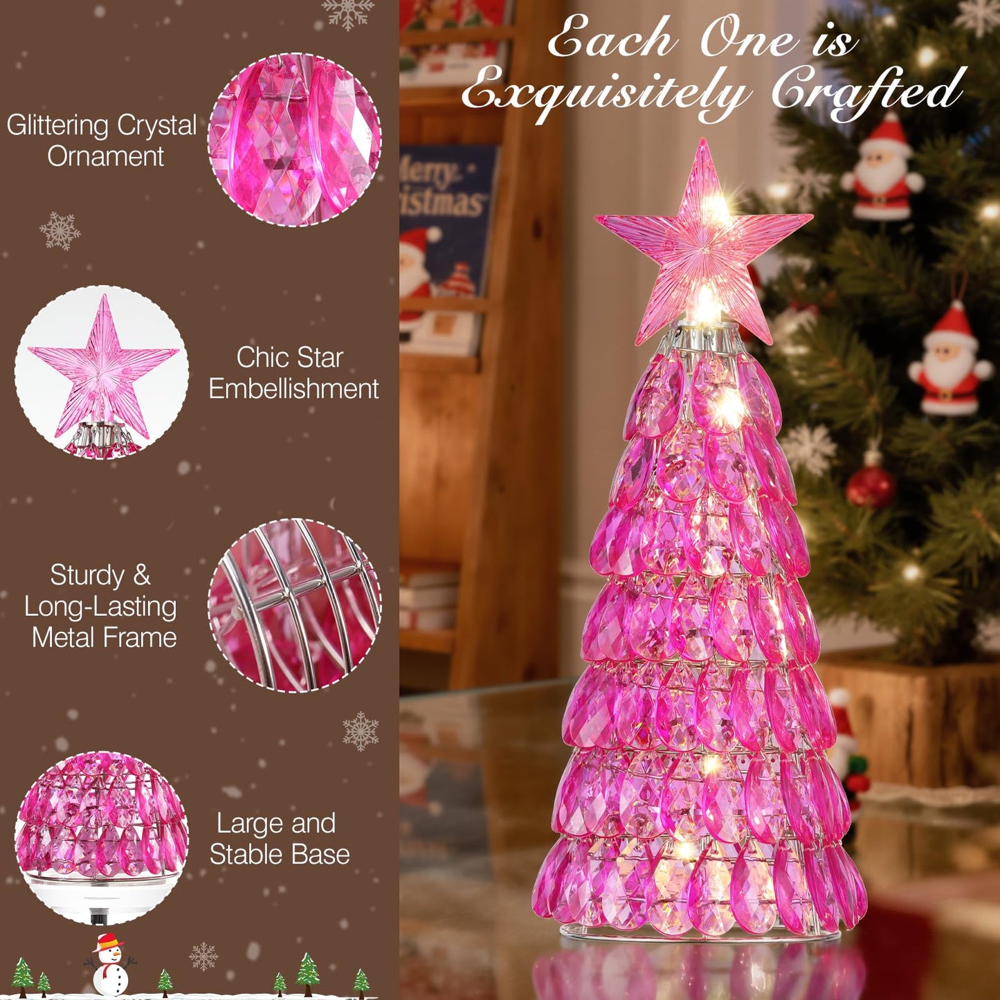 Lewondr Christmas Tree Lamp, 12 Inch Battery Powered Crystal Tabletop Lighted Christmas Decorative Light LED Lamp, Luxury Handmade Glittering Xmas Tree Table Decoration for Home Party Gift, Pink